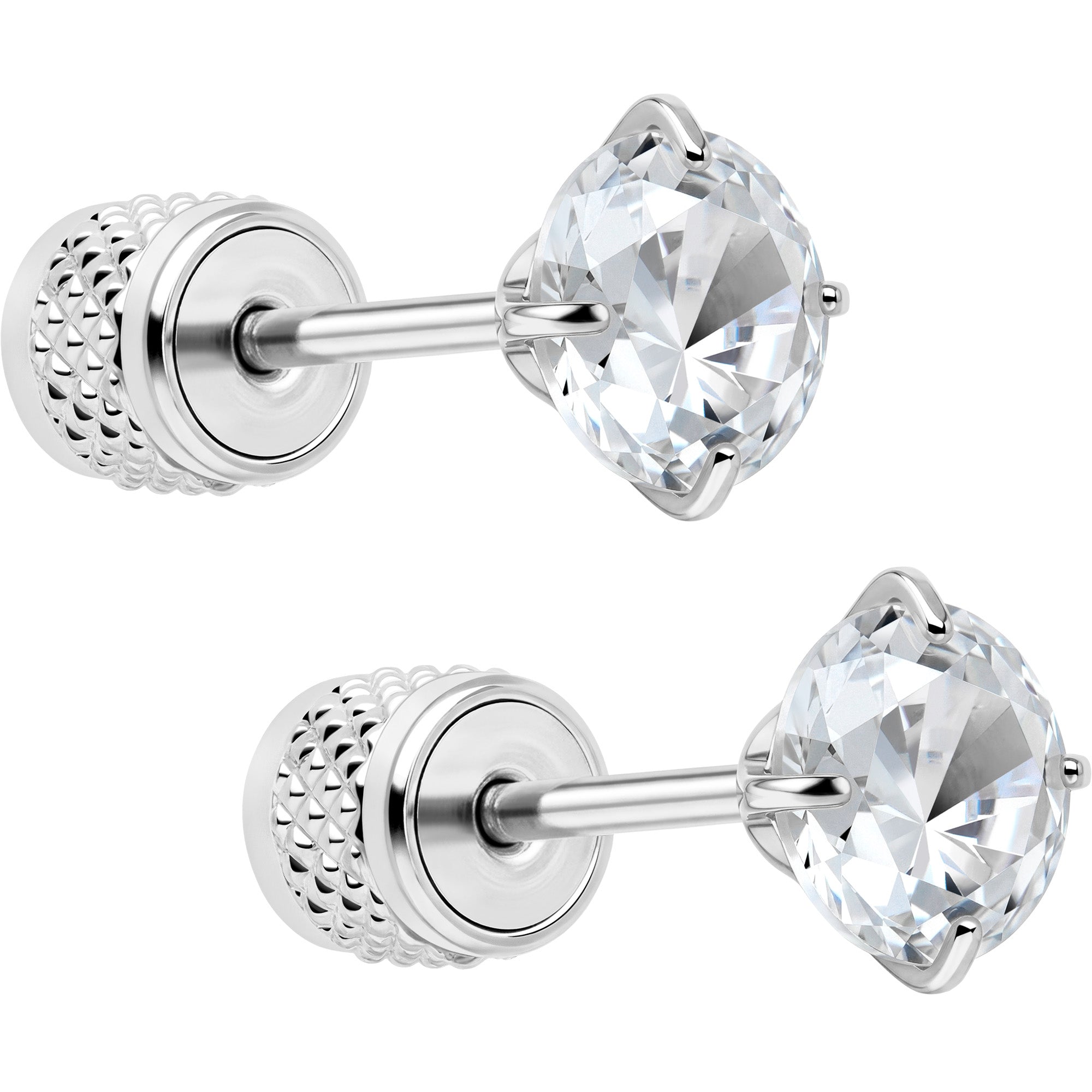 Round Cubic Zirconia 316L Surgical Steel Cylinder Back Earrings - 3mm to 7mm