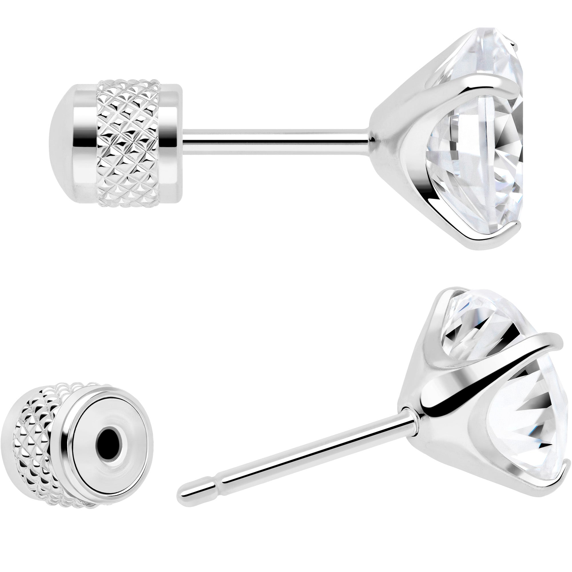Round CZ Cylinder Back Earrings Hypoallergenic Surgical Steel 7mm