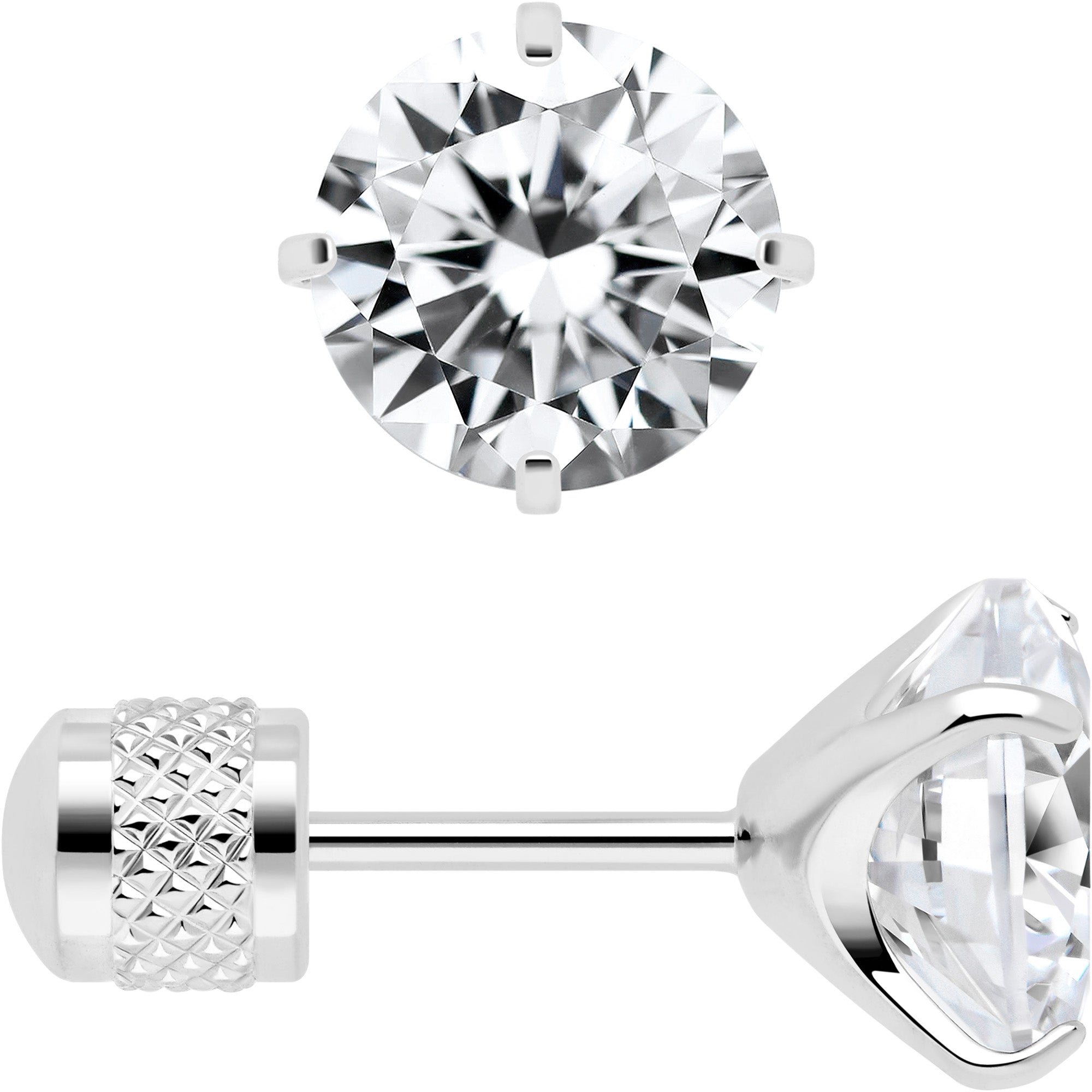316L Surgical Steel Round Earrings Cubic Zirconia Cylinder Back Studs