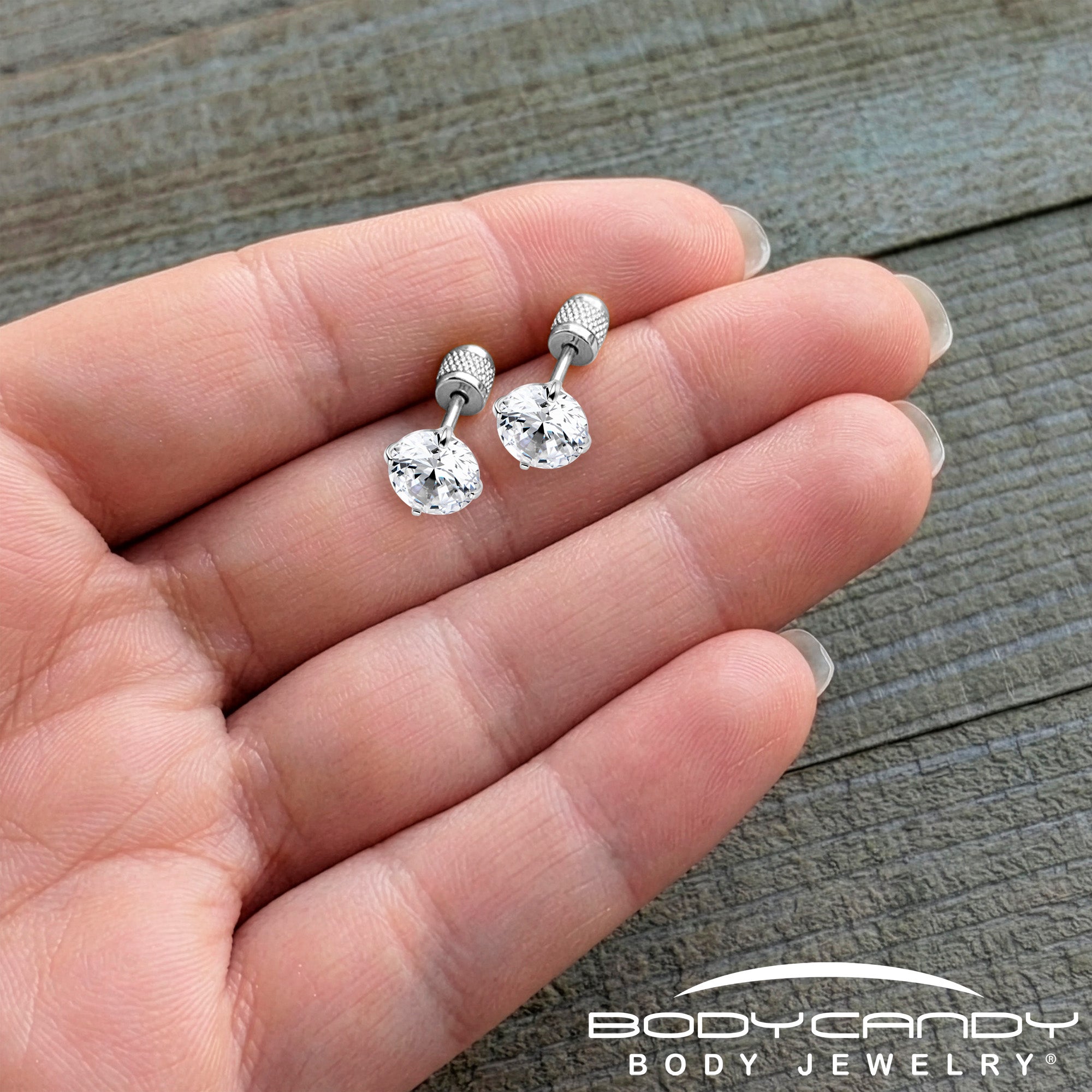 Round Cubic Zirconia 316L Surgical Steel Cylinder Back Earrings - 3mm to 7mm