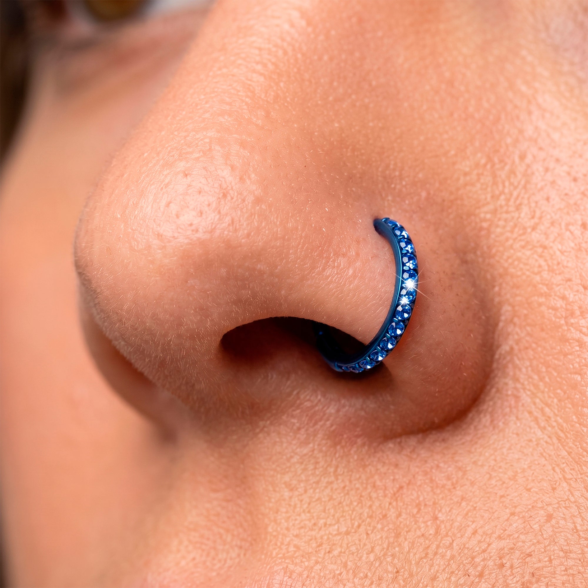 Blue implant grade titanium CZ hinged nose ring hoop