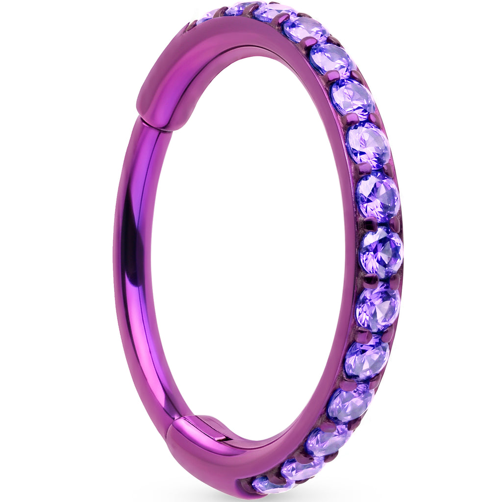 20G titanium hinged nose hoop with purple CZ gem
