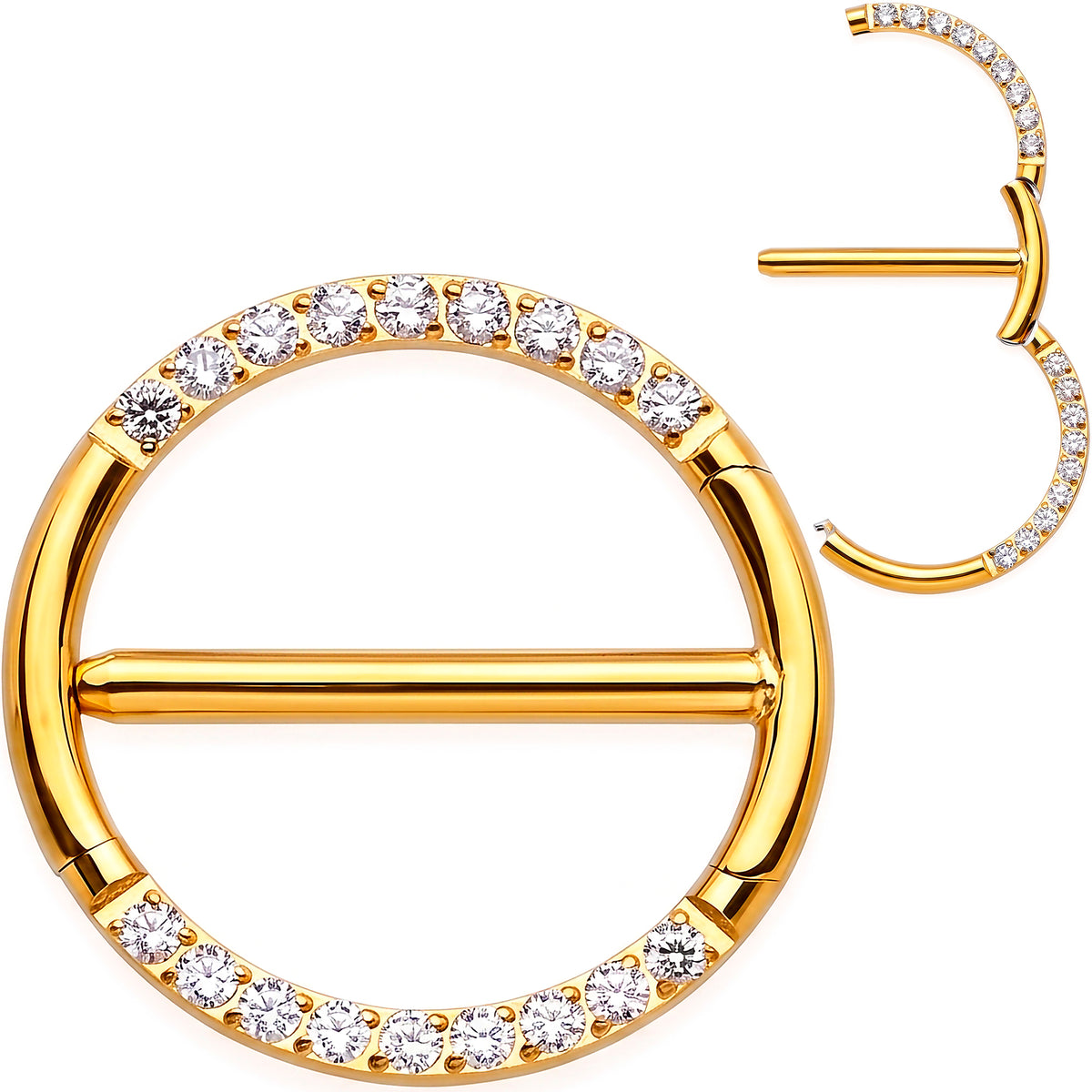 14G 9/16 CZ Glamour Circle Surgical Steel Nipple Hinged Click Closure Ring Set