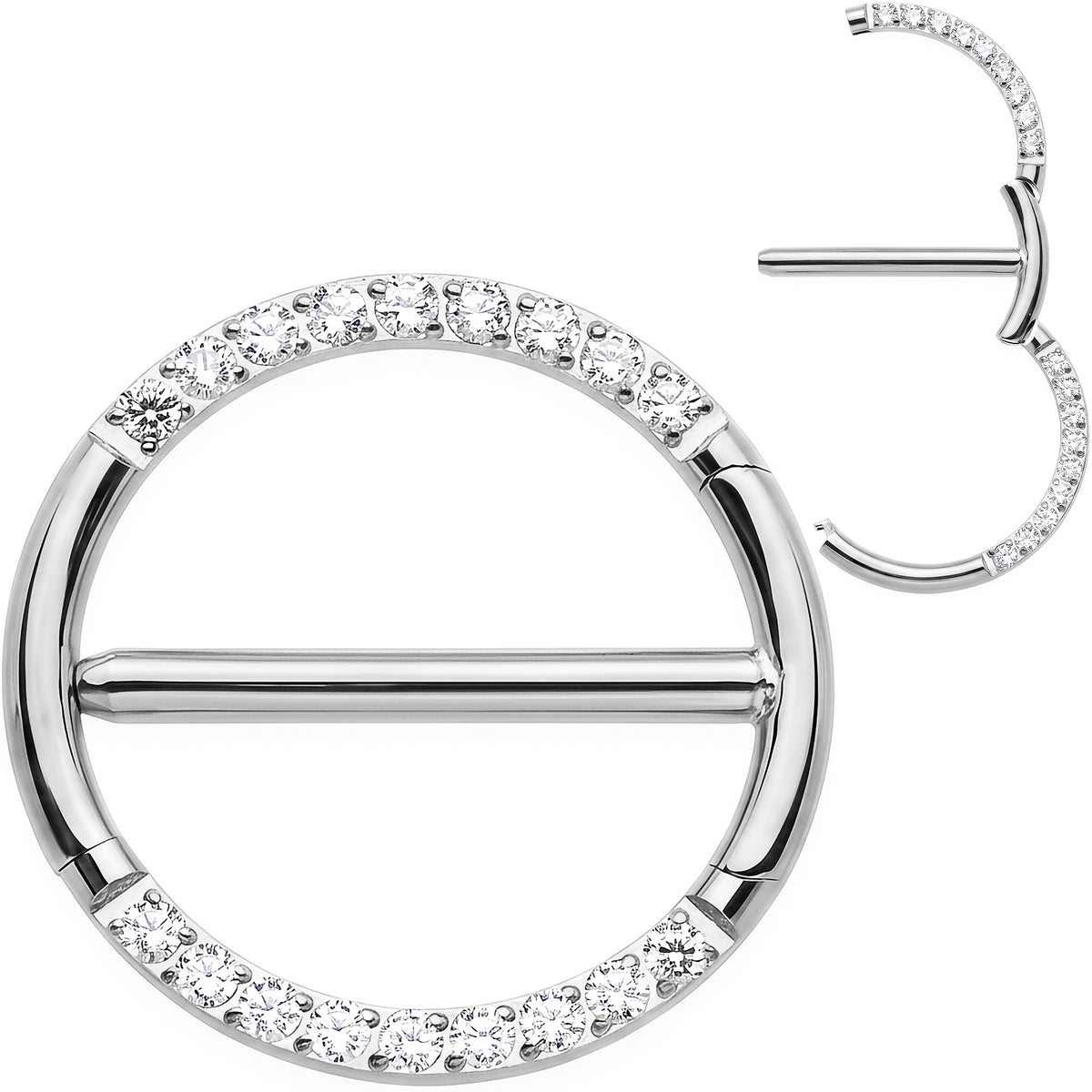 14G 9/16 CZ Glamour Circle Surgical Steel Nipple Hinged Click Closure Ring Set