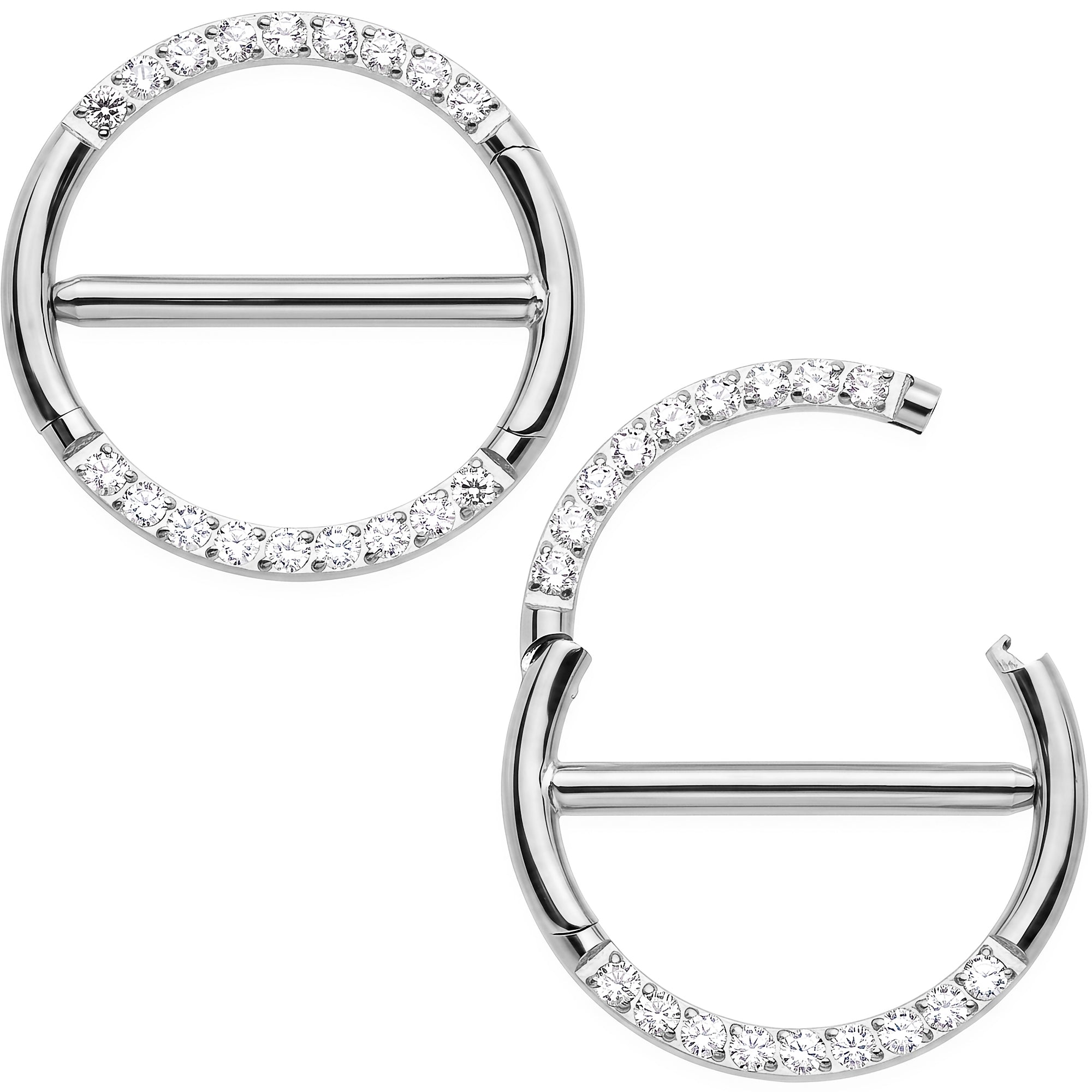 14G 9/16 CZ Glamour Circle Surgical Steel Nipple Hinged Click Closure Ring Set