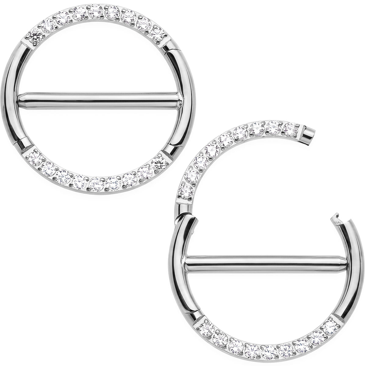 14G 9/16 CZ Glamour Circle Surgical Steel Nipple Hinged Click Closure Ring Set