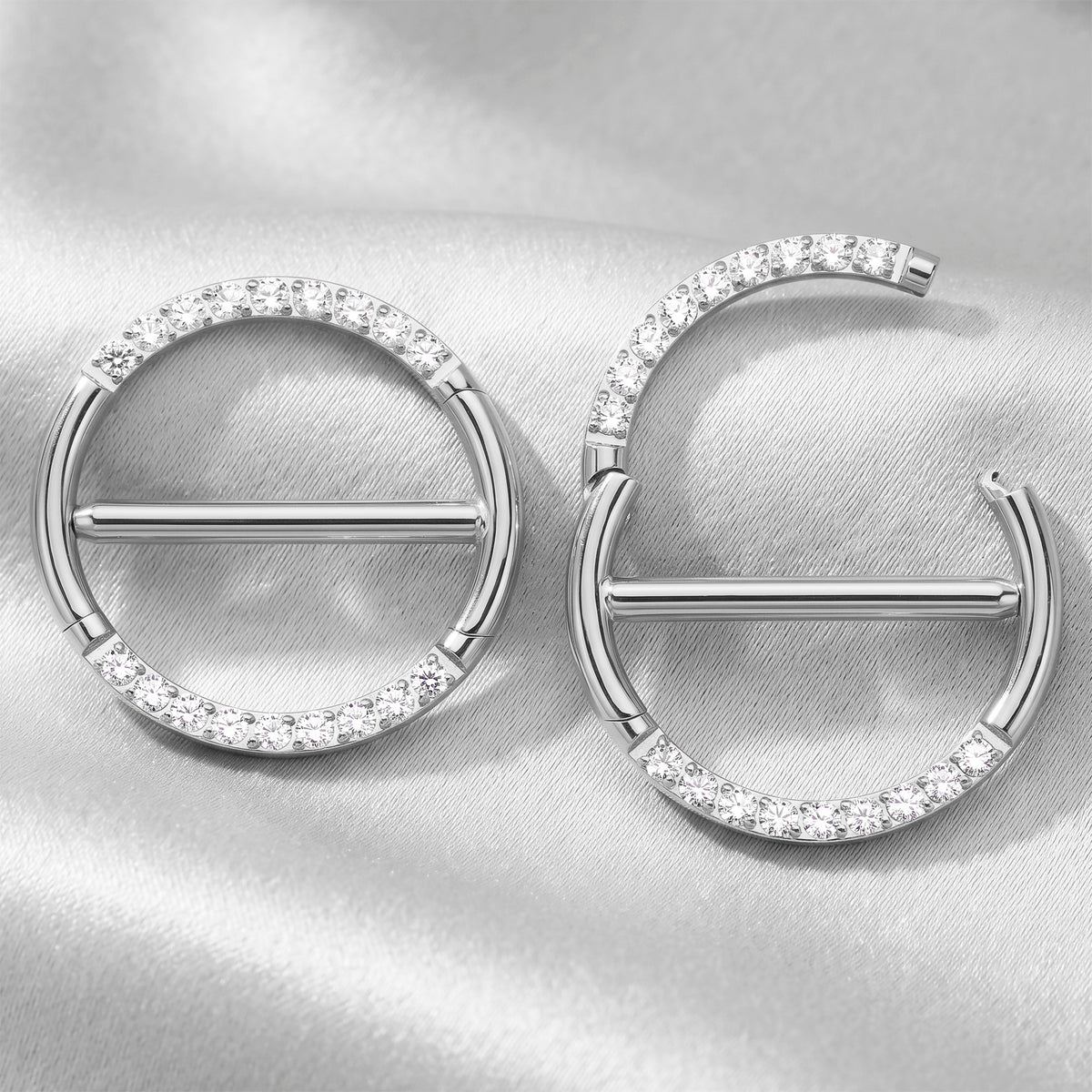 14G 9/16 CZ Glamour Circle Surgical Steel Nipple Hinged Click Closure Ring Set