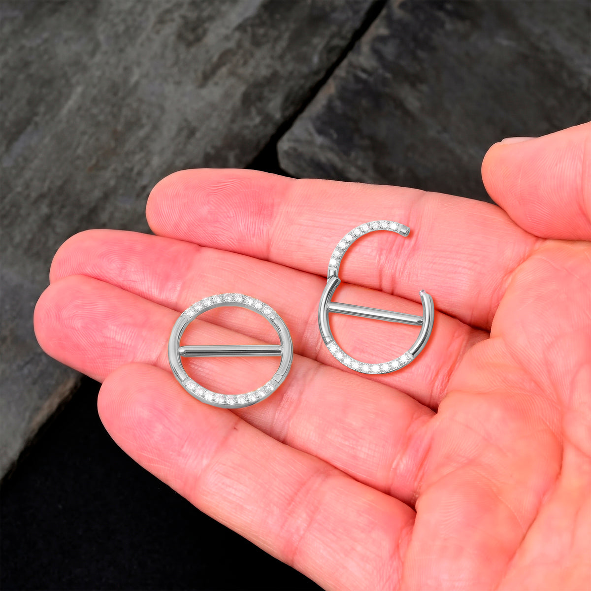 14G 9/16 CZ Glamour Circle Surgical Steel Nipple Hinged Click Closure Ring Set