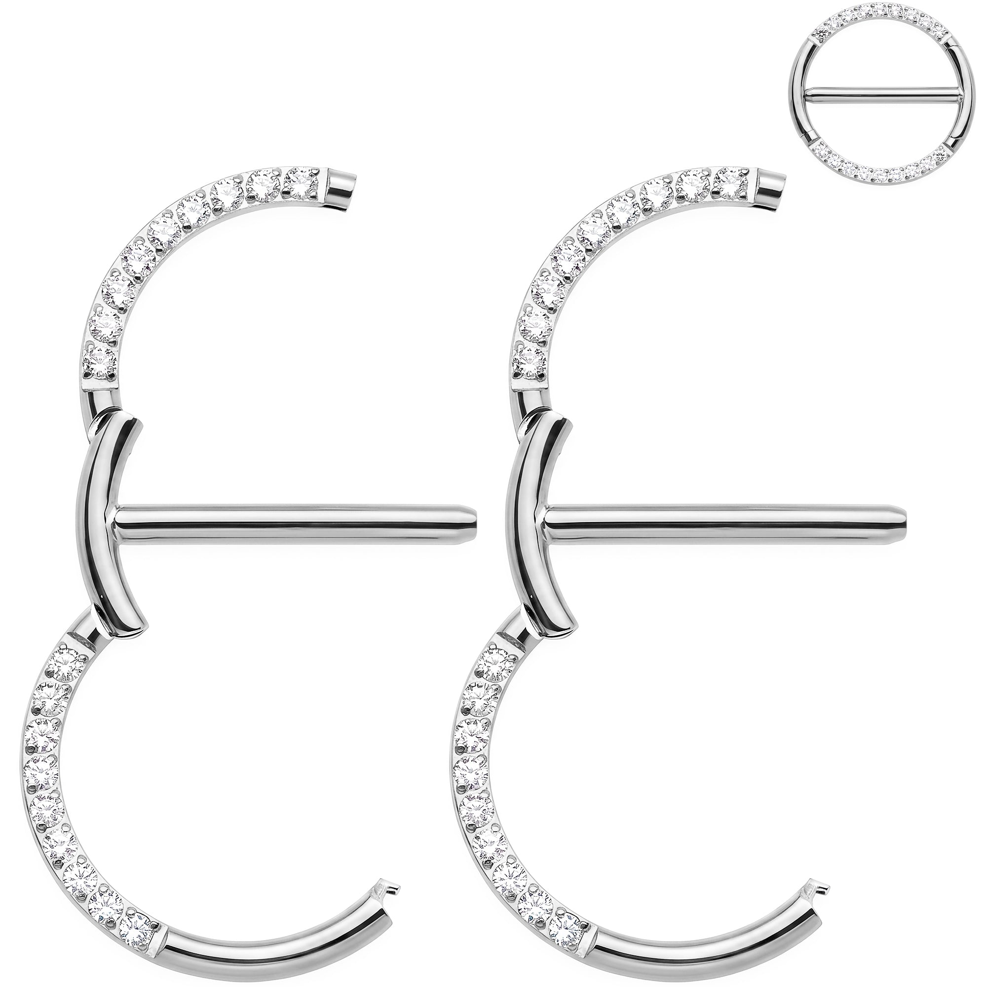 14G 9/16 CZ Glamour Circle Surgical Steel Nipple Hinged Click Closure Ring Set