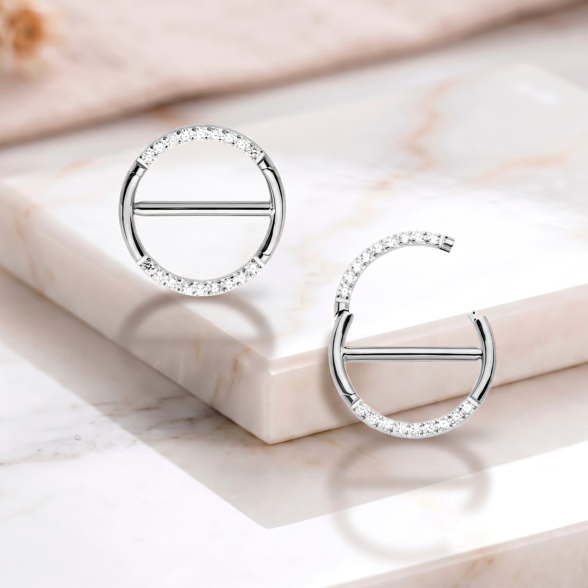 14G 9/16 CZ Glamour Circle Surgical Steel Nipple Hinged Click Closure Ring Set