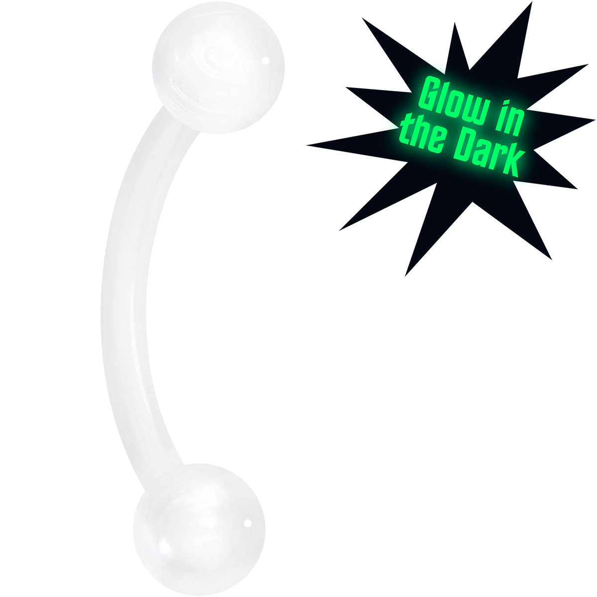 A curved clear bioplast barbell-style body jewelry piece with two rounded ball ends, shown on a plain white background with a black starburst graphic containing the text 'Glow in the Dark'.