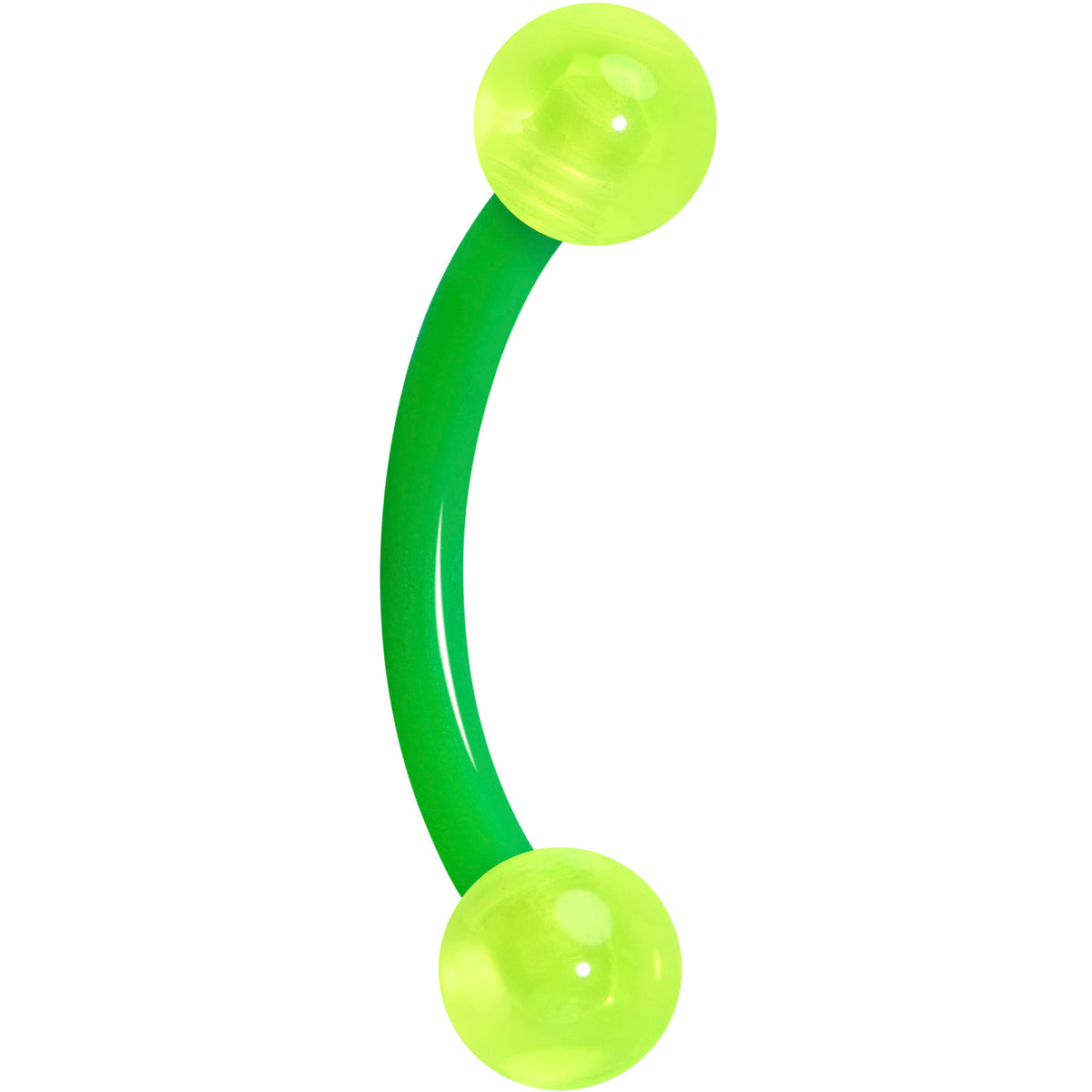 A curved green body jewelry barbell with two translucent neon yellow-green ball end pieces, shown on a plain white background.