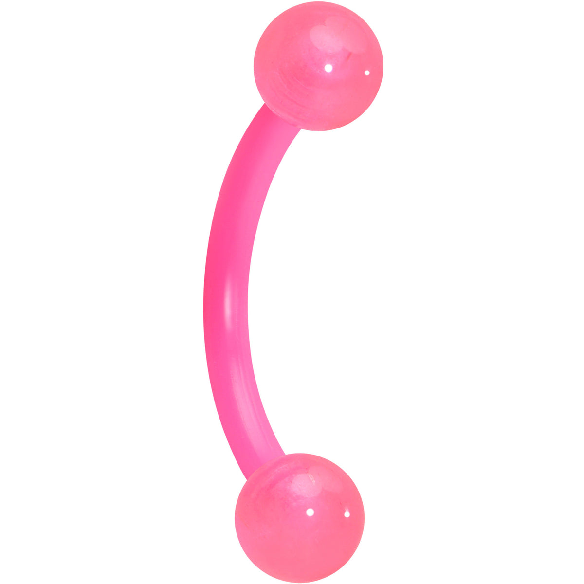 A curved pink bioplastbarbell with two smooth spherical ends, shown on a plain white background.