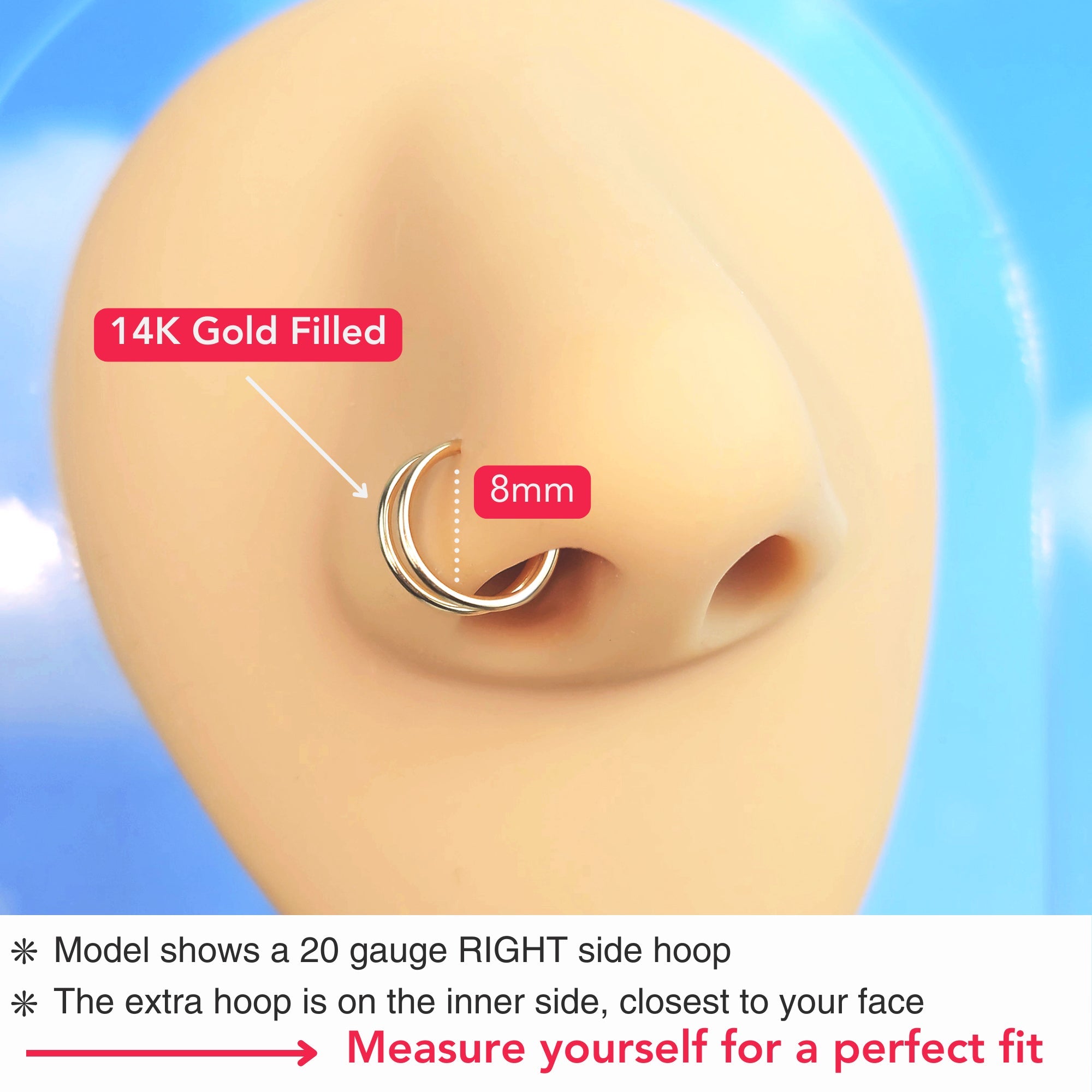 Double Hoop Nose 14k Yellow Gold Filled Spiral Nose Ring 20 Gauge 8mm Left