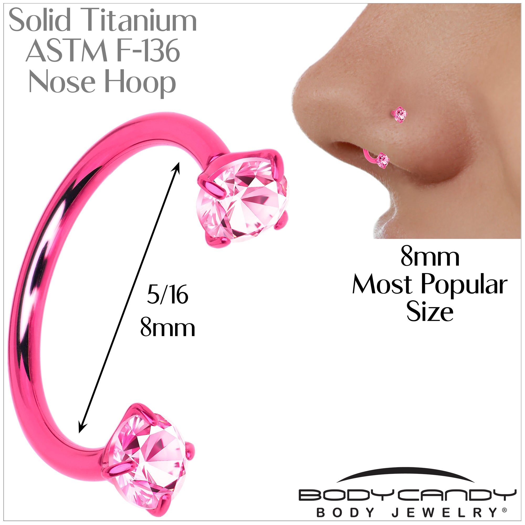 Pink Double Gem Horseshoe Nose Ring - Solid Titanium Anodized