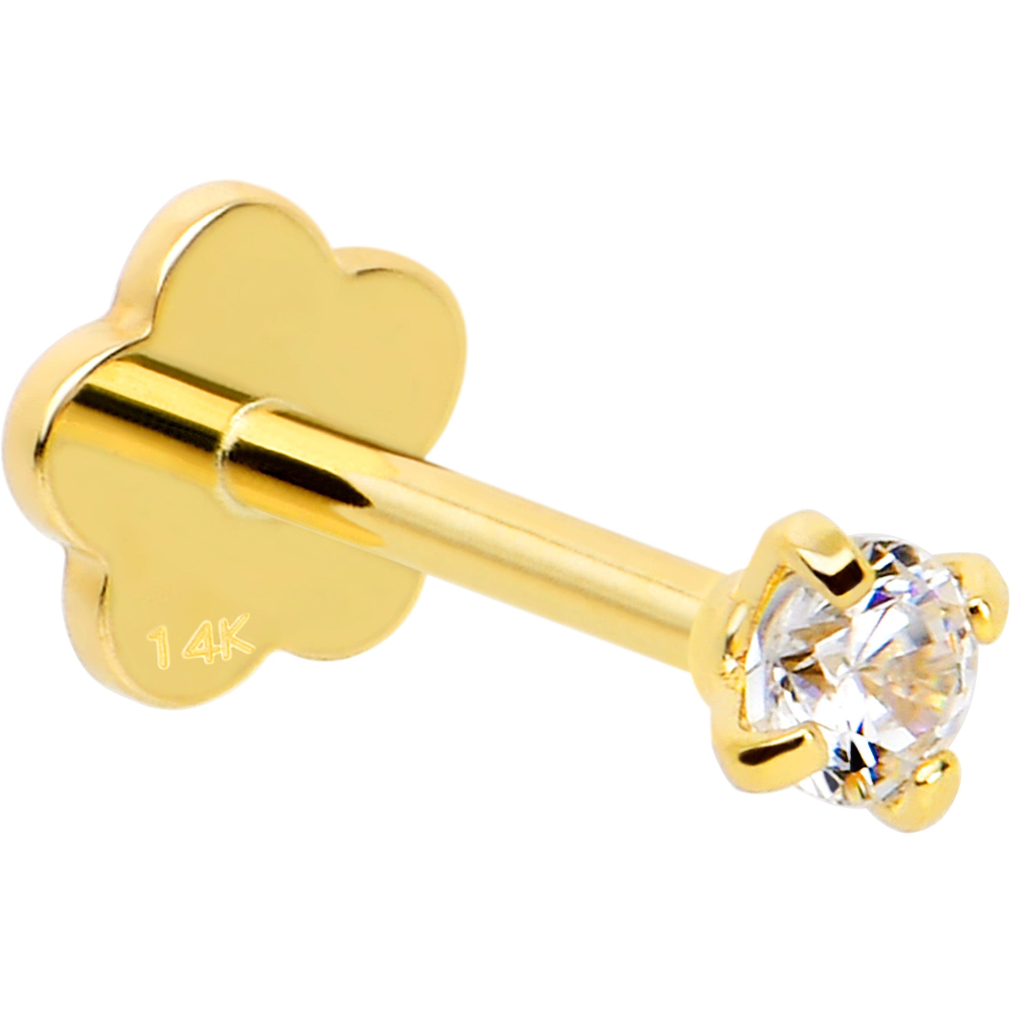 14k Yellow Gold Flat Back Earring 20G 2mm CZ Floral Reversible