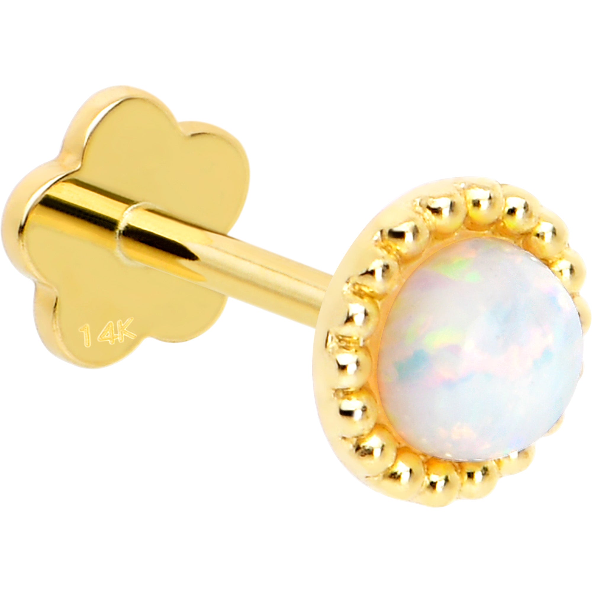 14k Yellow Gold Flat Back Earring 20G 3mm Synthetic Opal Floral Reversible