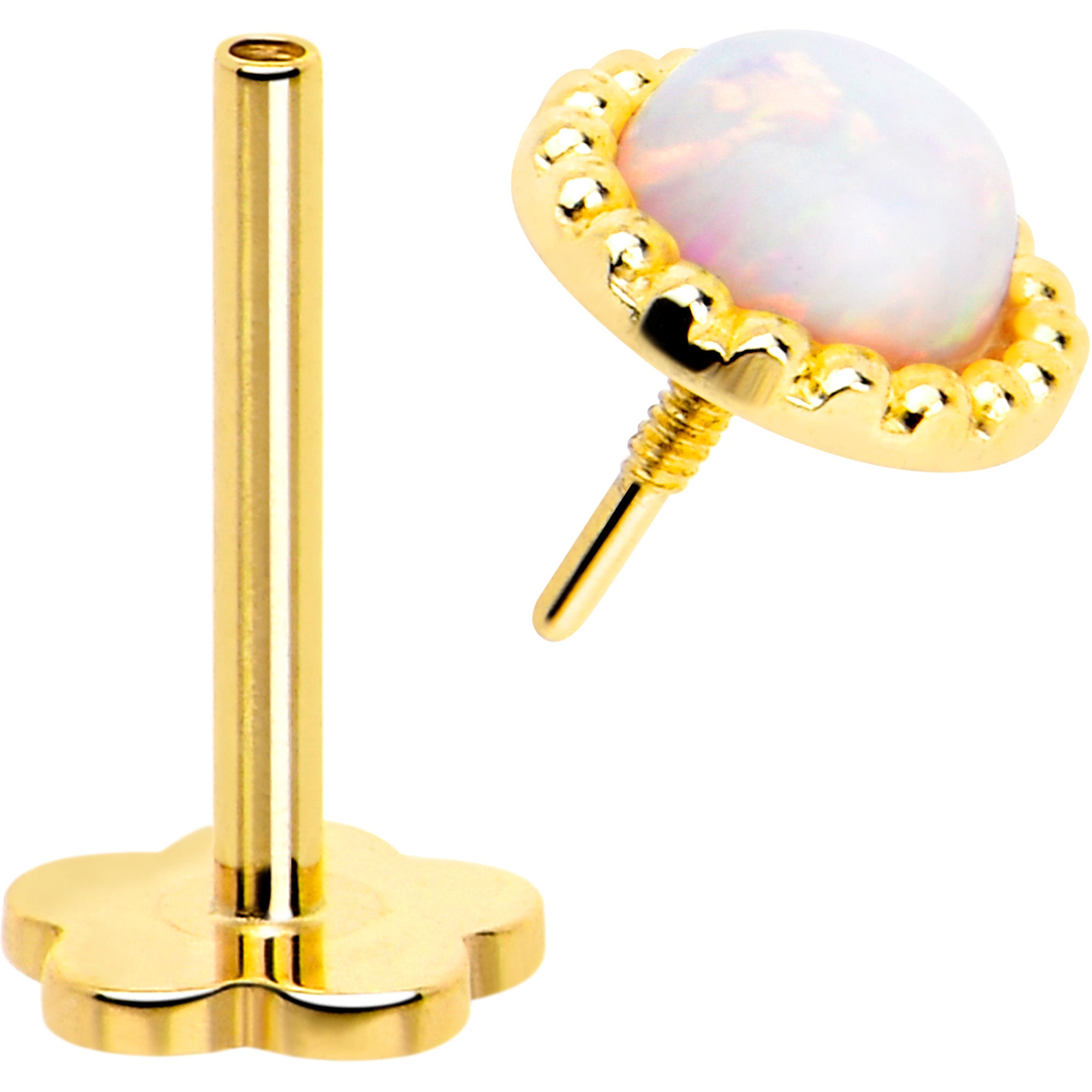 14k Yellow Gold Flat Back Earring 20G 3mm Synthetic Opal Floral Reversible