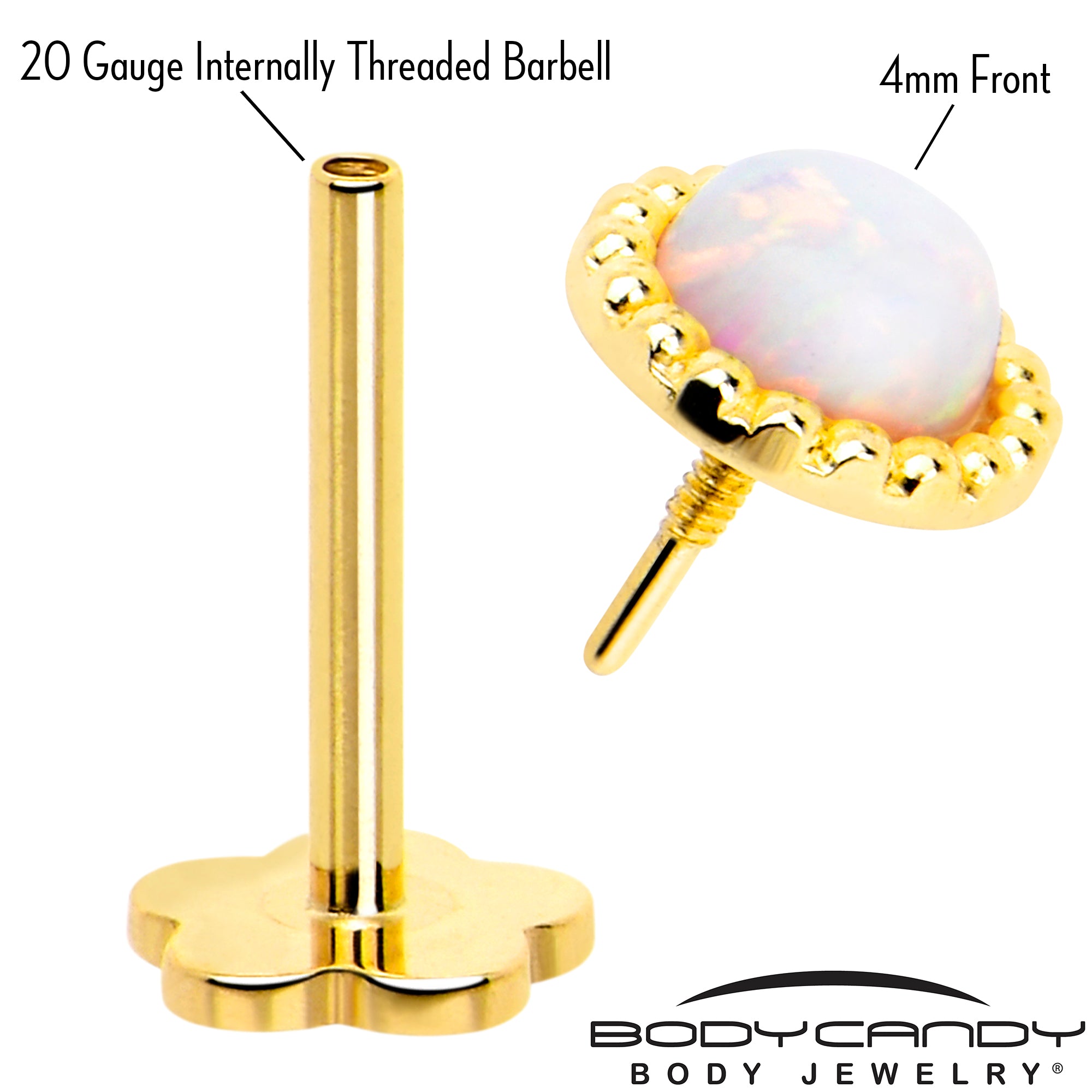 14k Yellow Gold Flat Back Earring 20G 3mm Synthetic Opal Floral Reversible