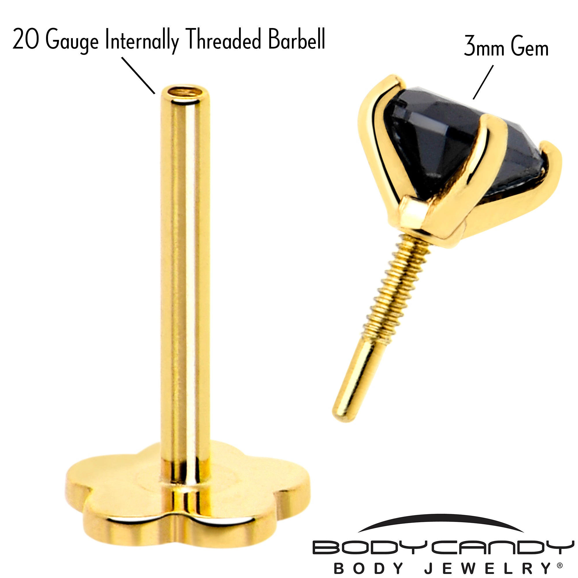 14k Yellow Gold Flat Back Earring 20G 3mm Blue CZ Floral Reversible