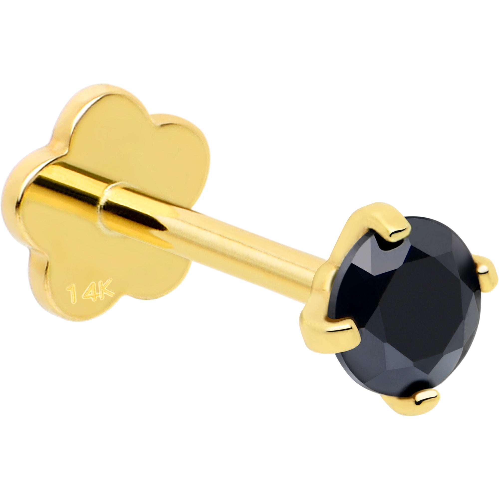 14k Yellow Gold Flat Back Earring 20G 3mm Blue CZ Floral Reversible