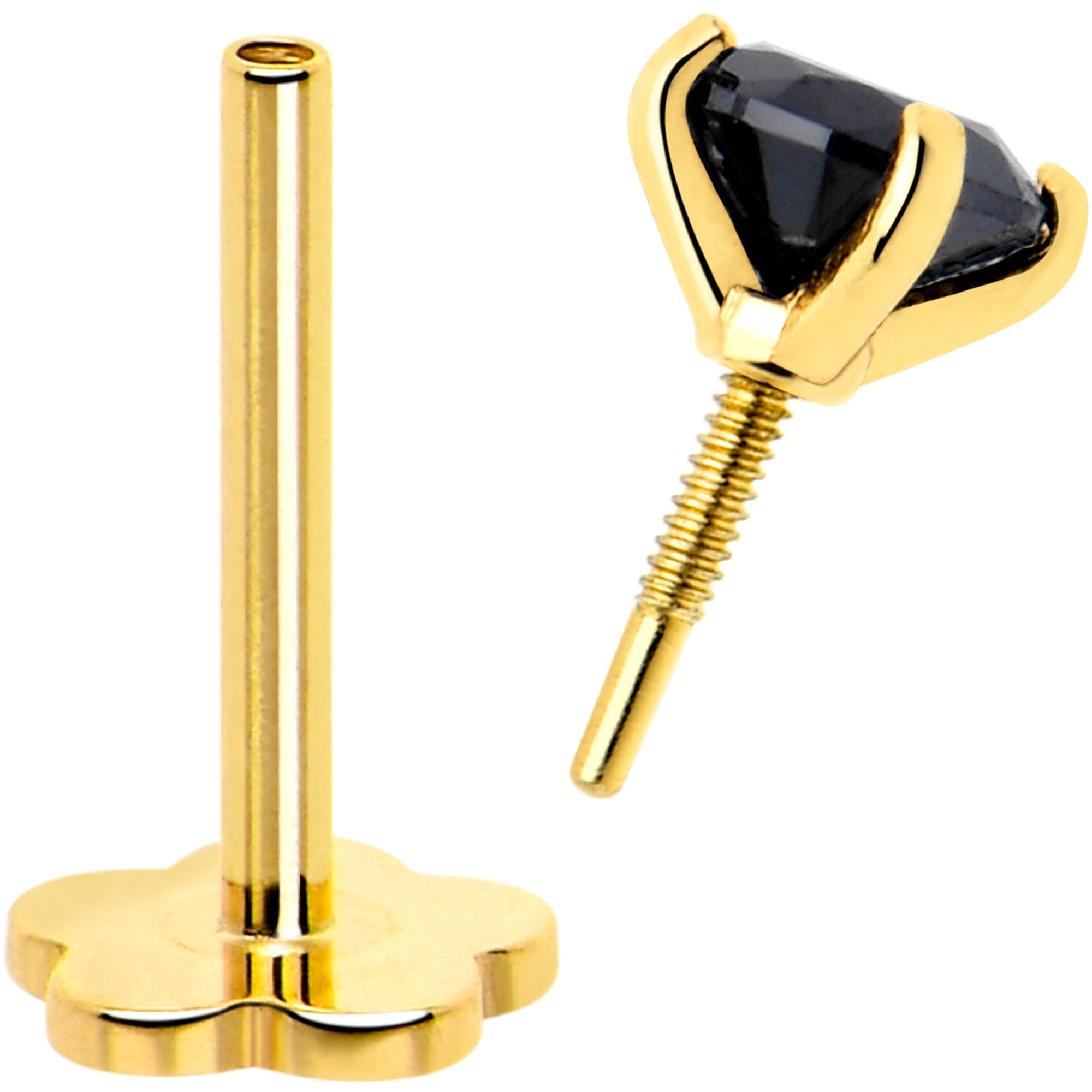 14k Yellow Gold Flat Back Earring 20G 3mm Blue CZ Floral Reversible