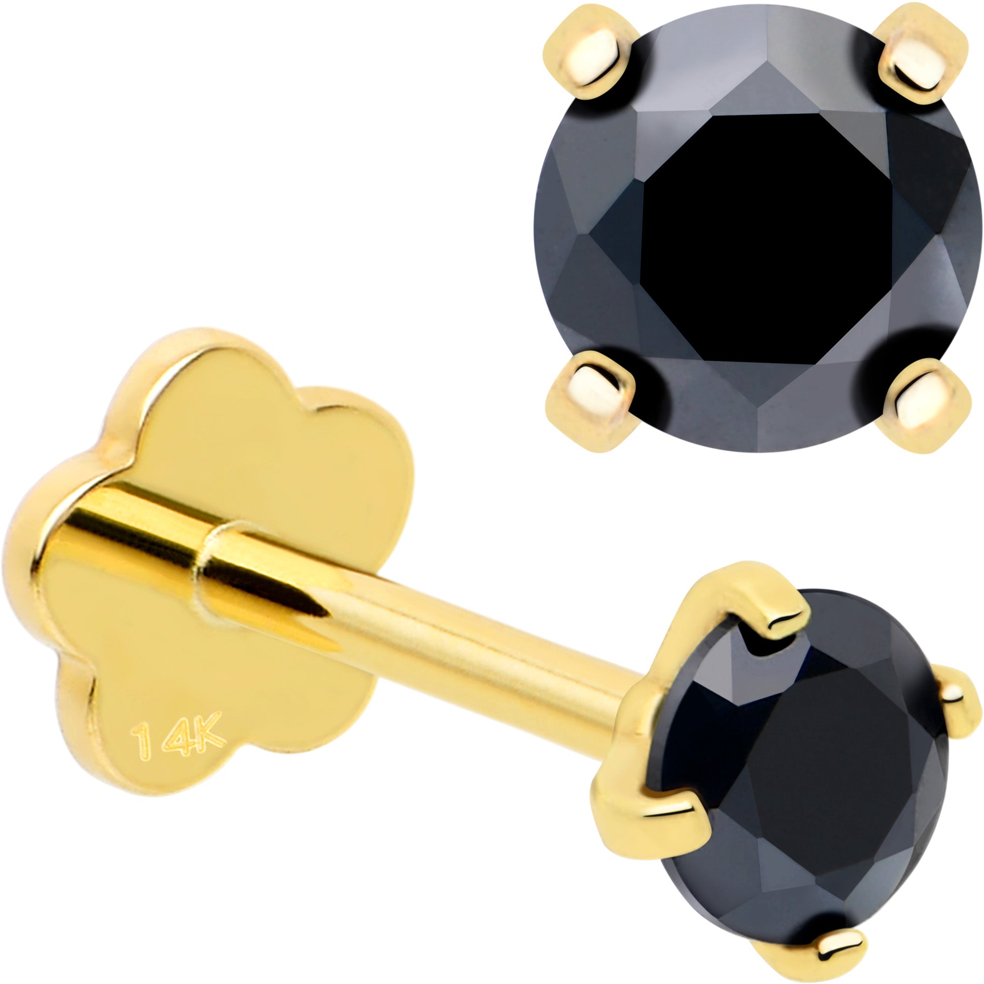 14k Yellow Gold Flat Back Earring 20G 3mm Blue CZ Floral Reversible