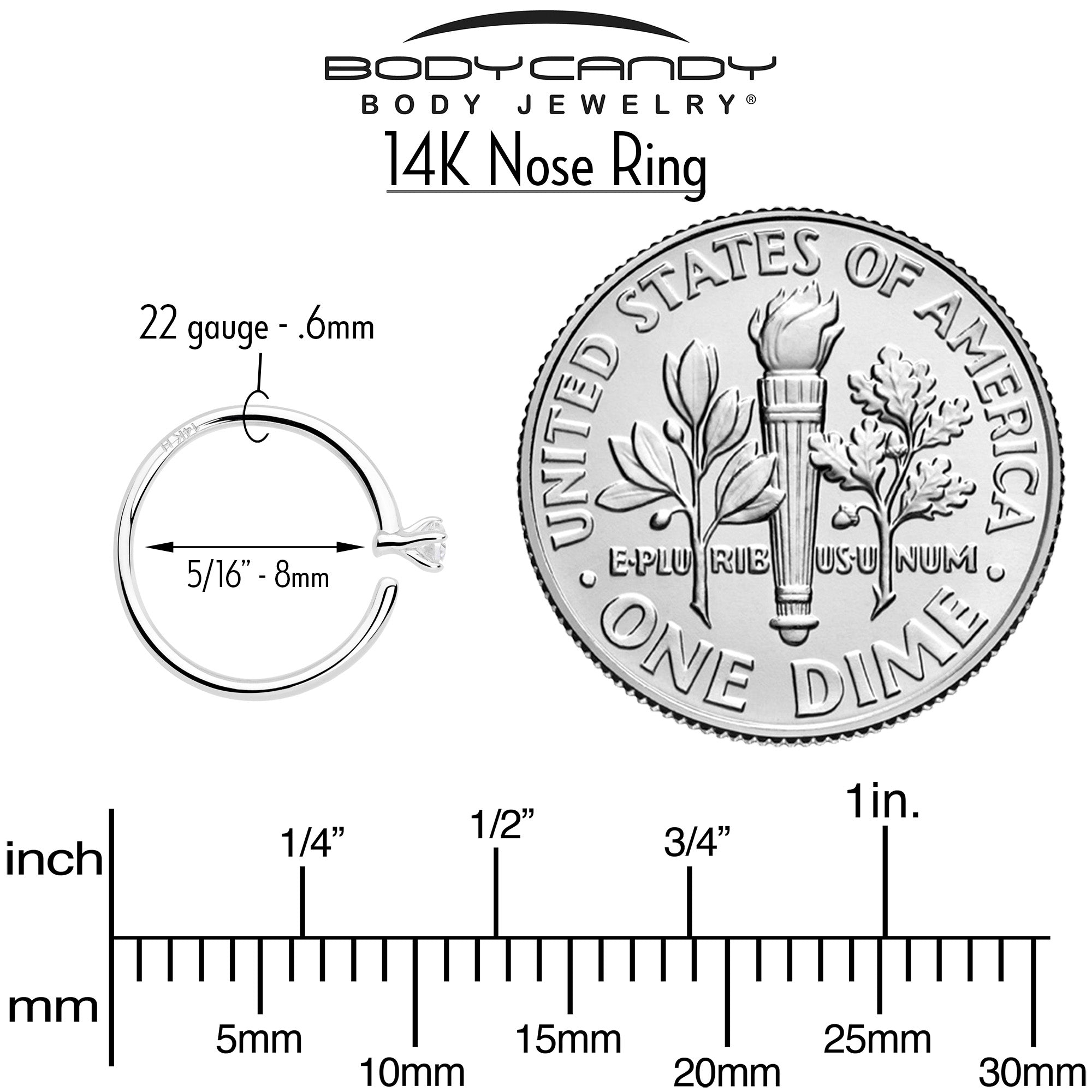 14k Solid White Gold Bendable Nose Hoop 22G 5/16 with CZ