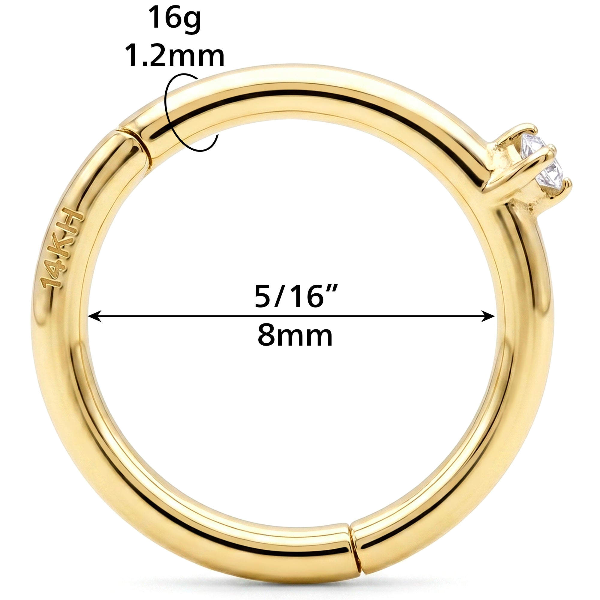16G Diamond Solitaire Seamless Ring Cartilage Clicker Hoop- 14k Solid Gold