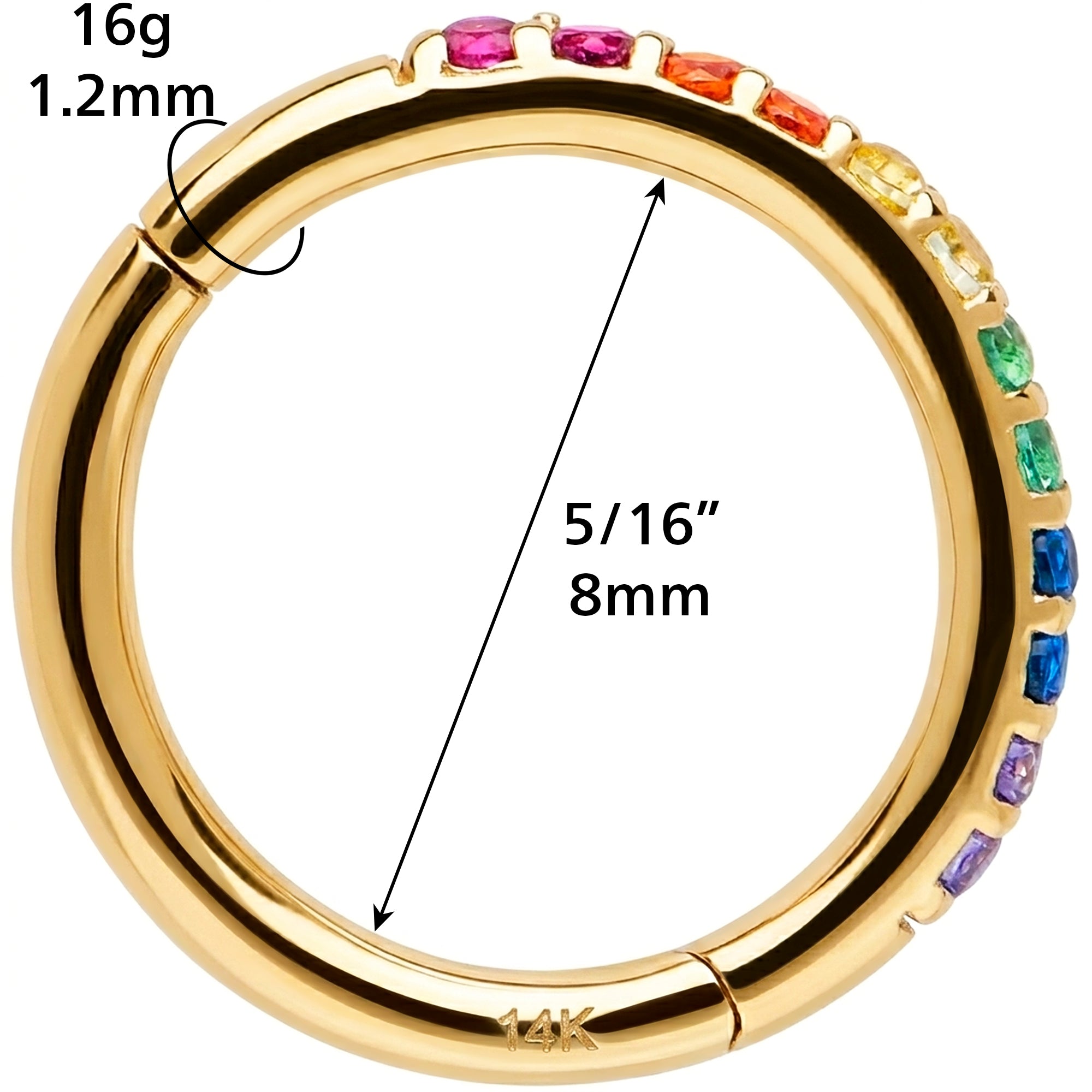 16G CZ Rainbow Seamless Ring Cartilage Clicker Hoop- 14k Solid Gold