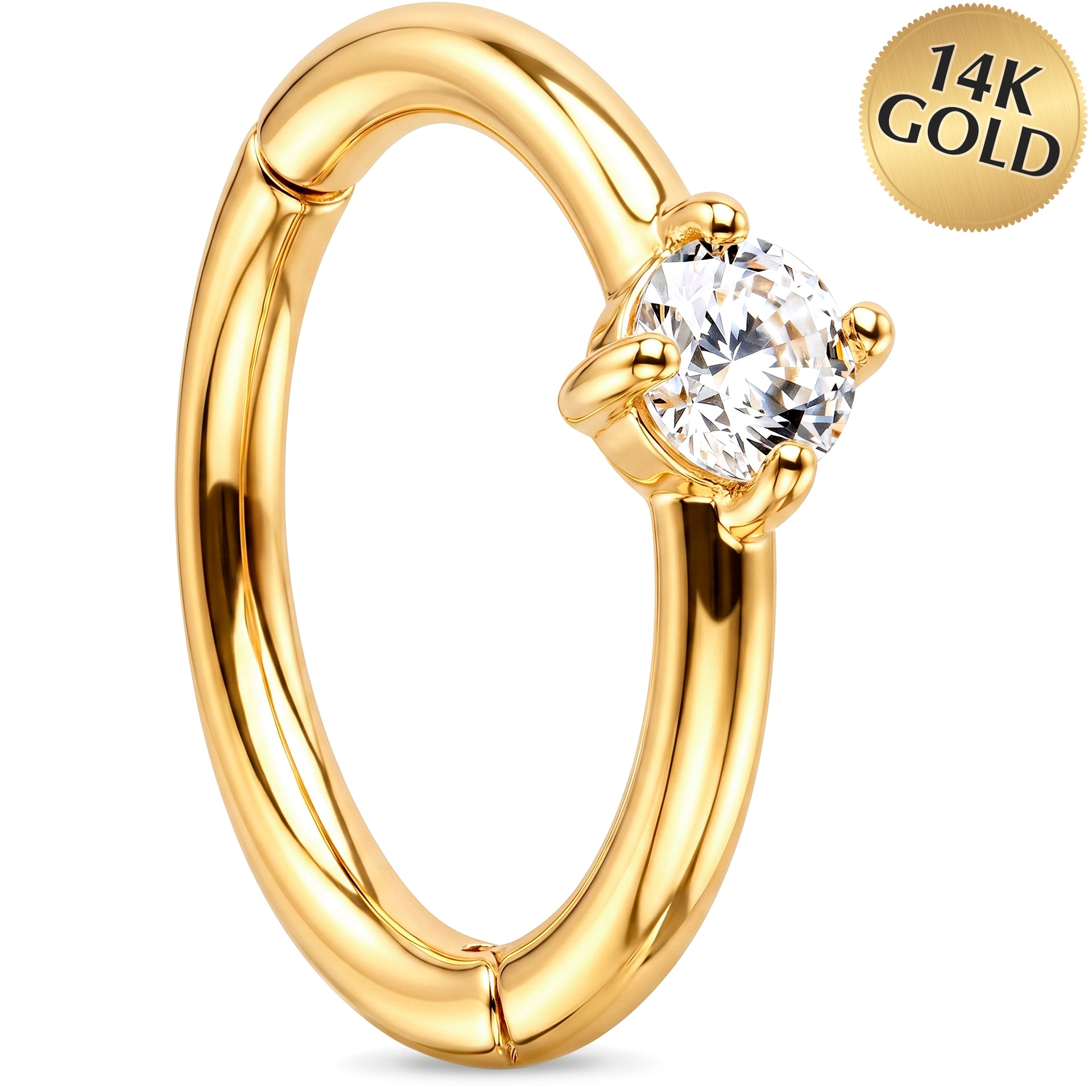 16G Clear CZ Solitaire Seamless Ring Cartilage Clicker Hoop- 14k Solid Gold