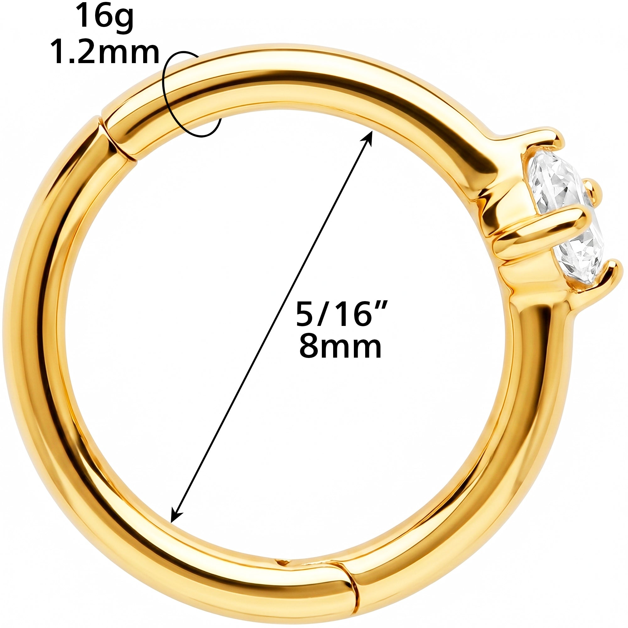 16G Clear CZ Solitaire Seamless Ring Cartilage Clicker Hoop- 14k Solid Gold