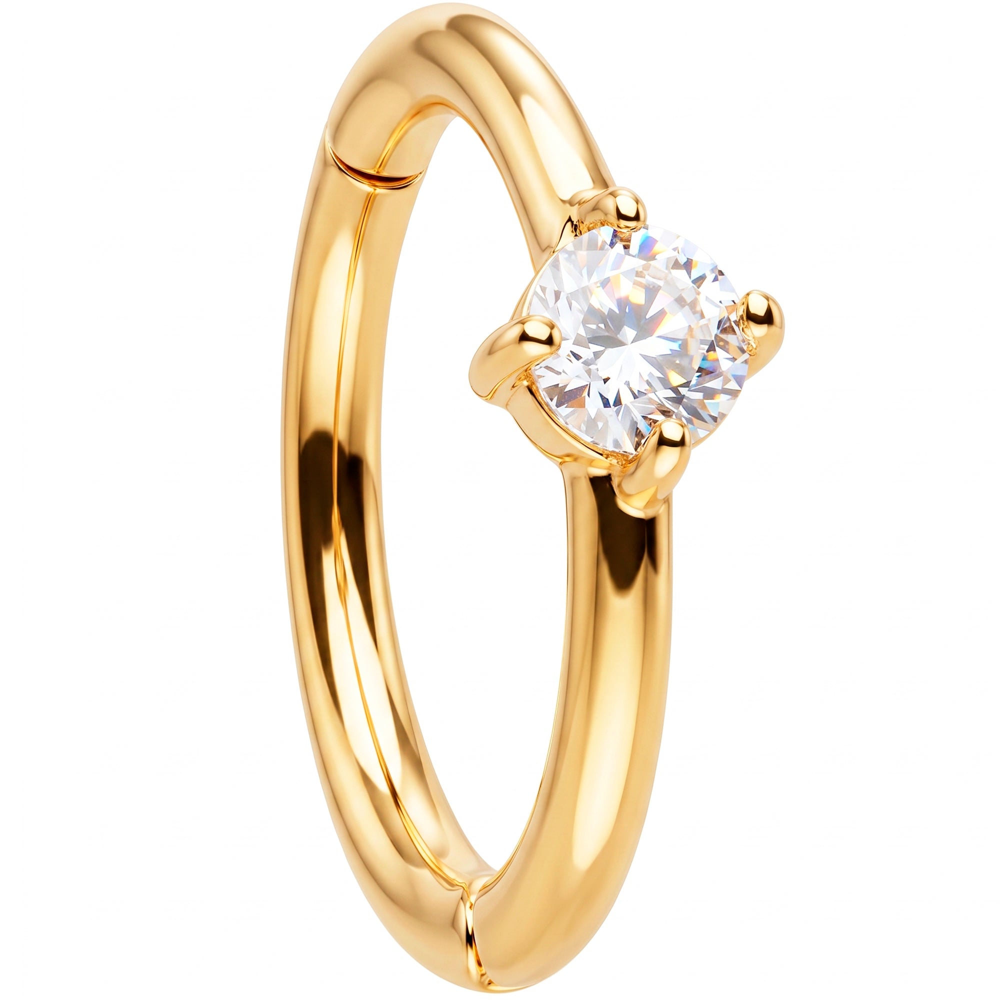 16G Clear CZ Solitaire Seamless Ring Cartilage Clicker Hoop- 14k Solid Gold
