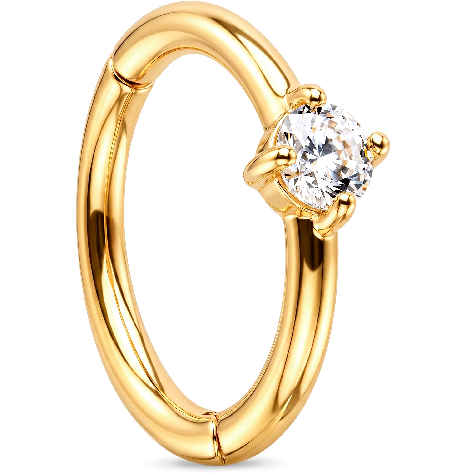 16G Clear CZ Solitaire Seamless Ring Cartilage Clicker Hoop- 14k Solid Gold