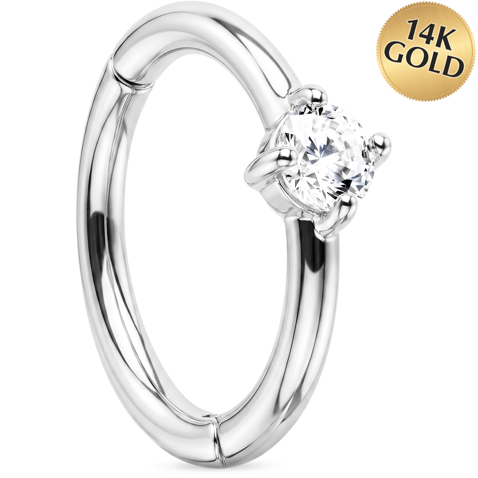 16G Clear CZ Solitaire Seamless Ring Cartilage Clicker Hoop- 14k Solid Gold