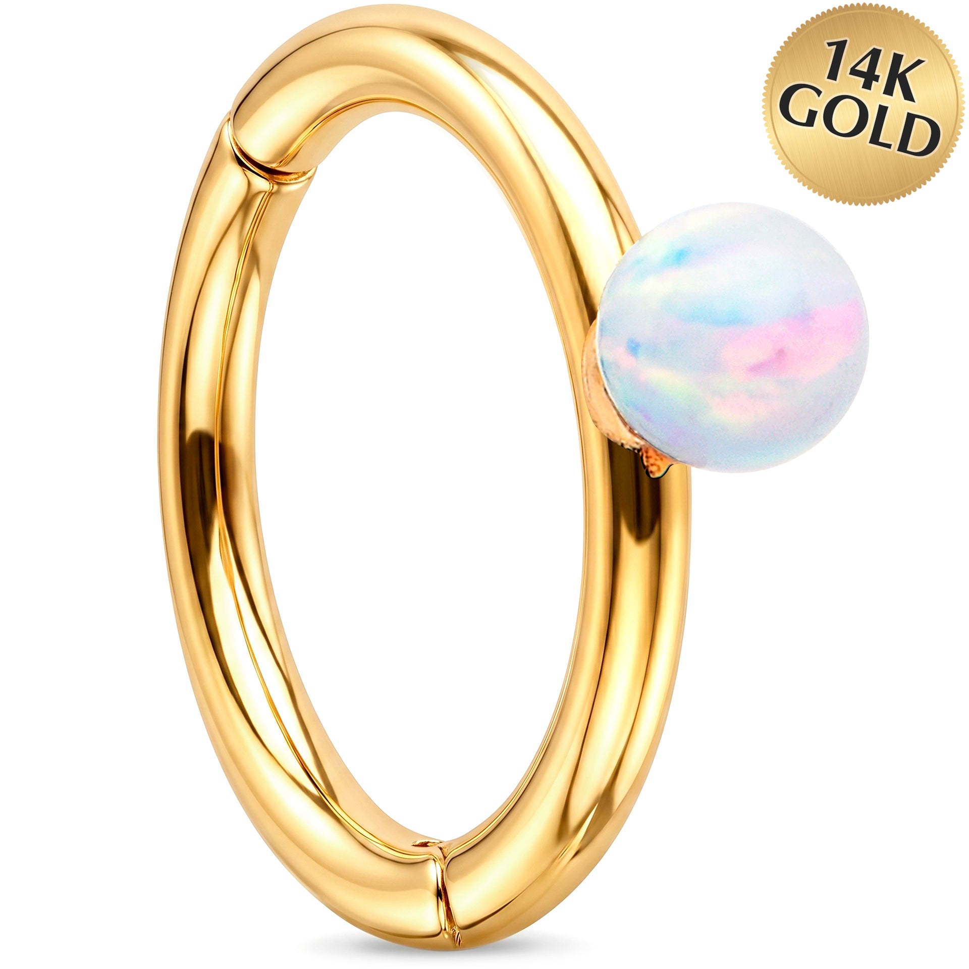 16G White Synthetic Opal Seamless Ring Cartilage Clicker Hoop- 14k Solid Gold