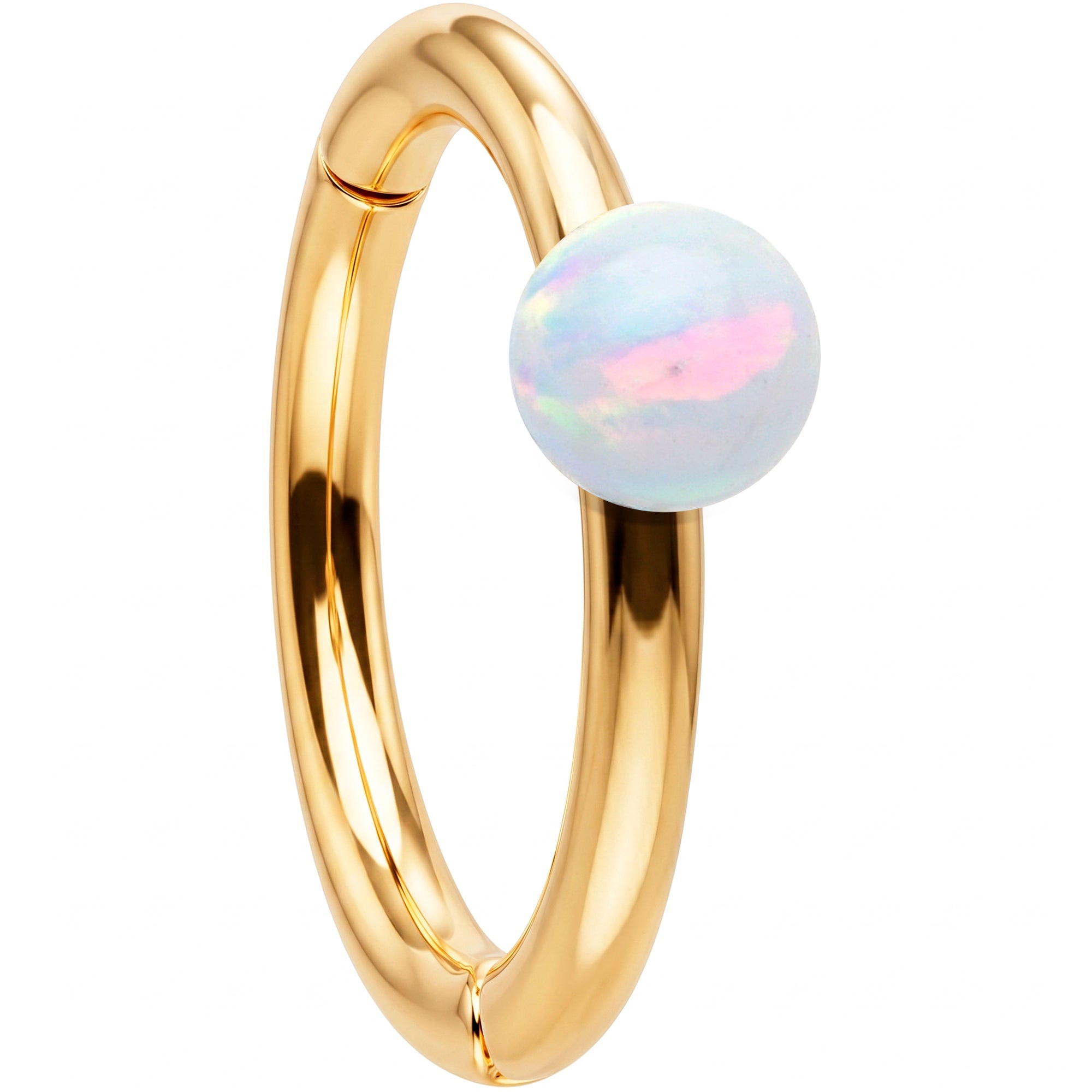 16G White Synthetic Opal Seamless Ring Cartilage Clicker Hoop- 14k Solid Gold
