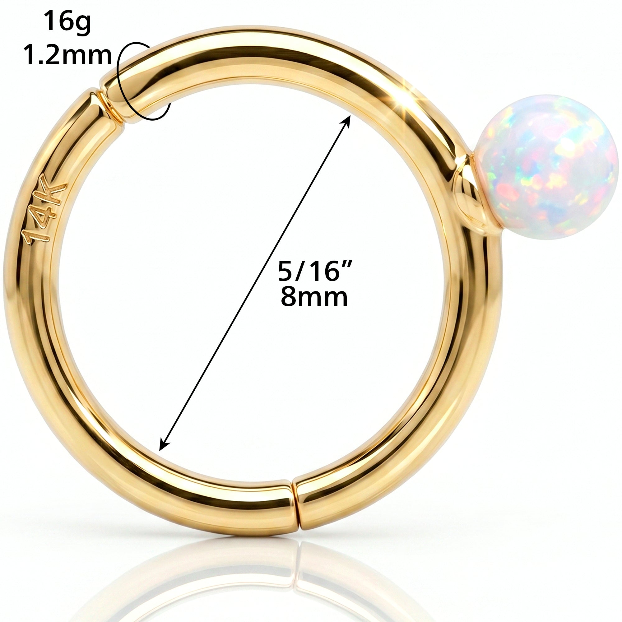 16G White Synthetic Opal Seamless Ring Cartilage Clicker Hoop- 14k Solid Gold