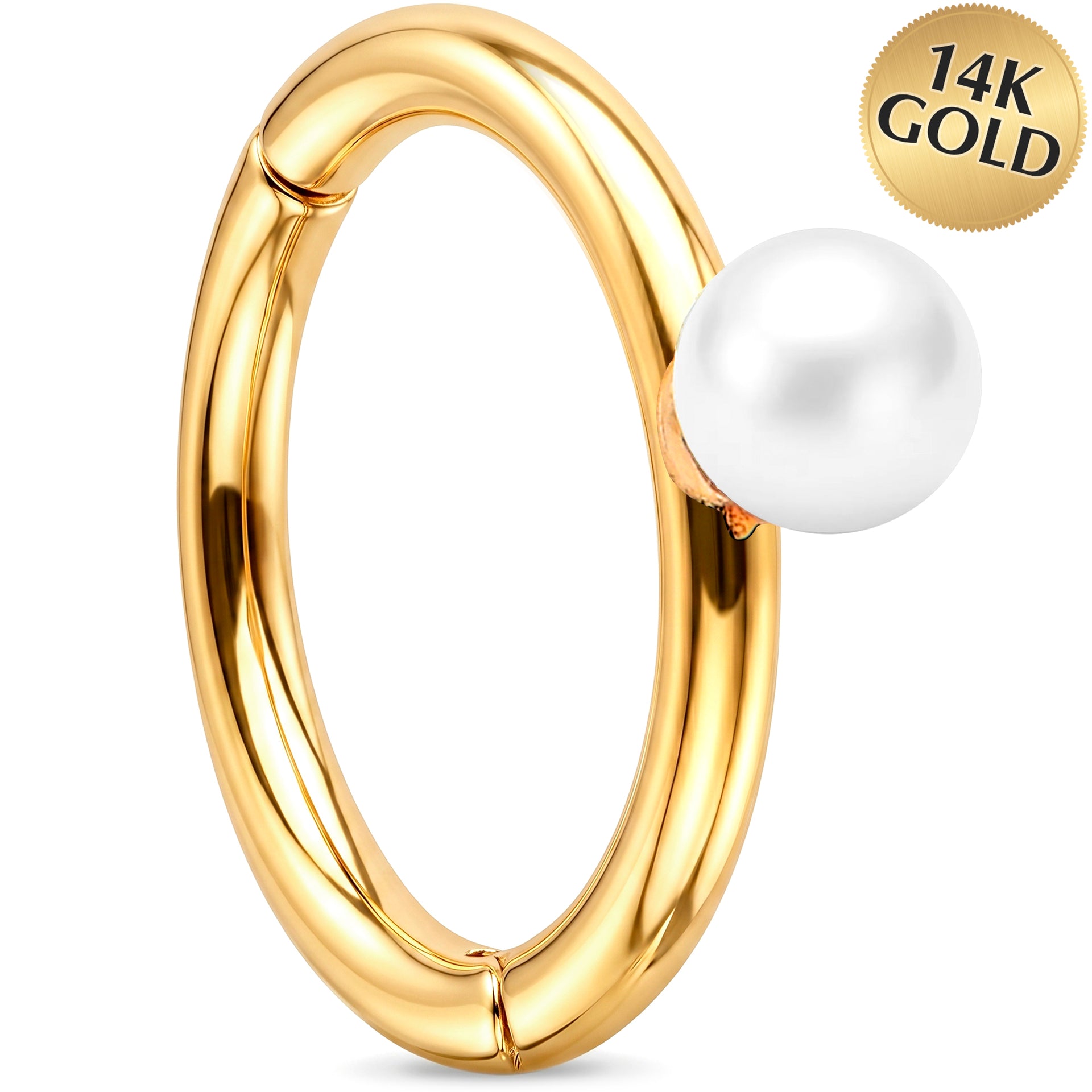 16G Freshwater Pearl Seamless Ring Cartilage Clicker Hoop- 14k Solid Gold