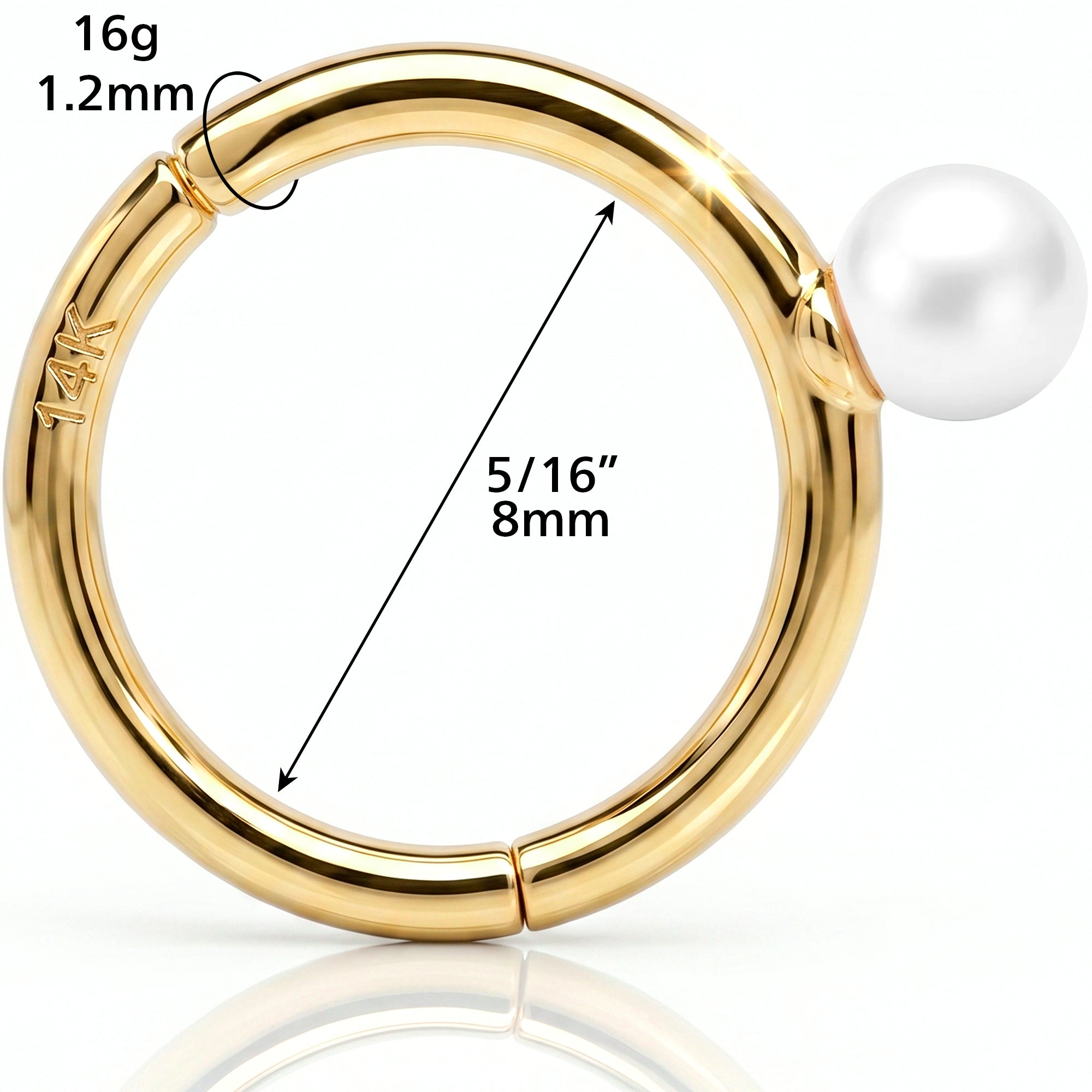 16G Freshwater Pearl Seamless Ring Cartilage Clicker Hoop- 14k Solid Gold