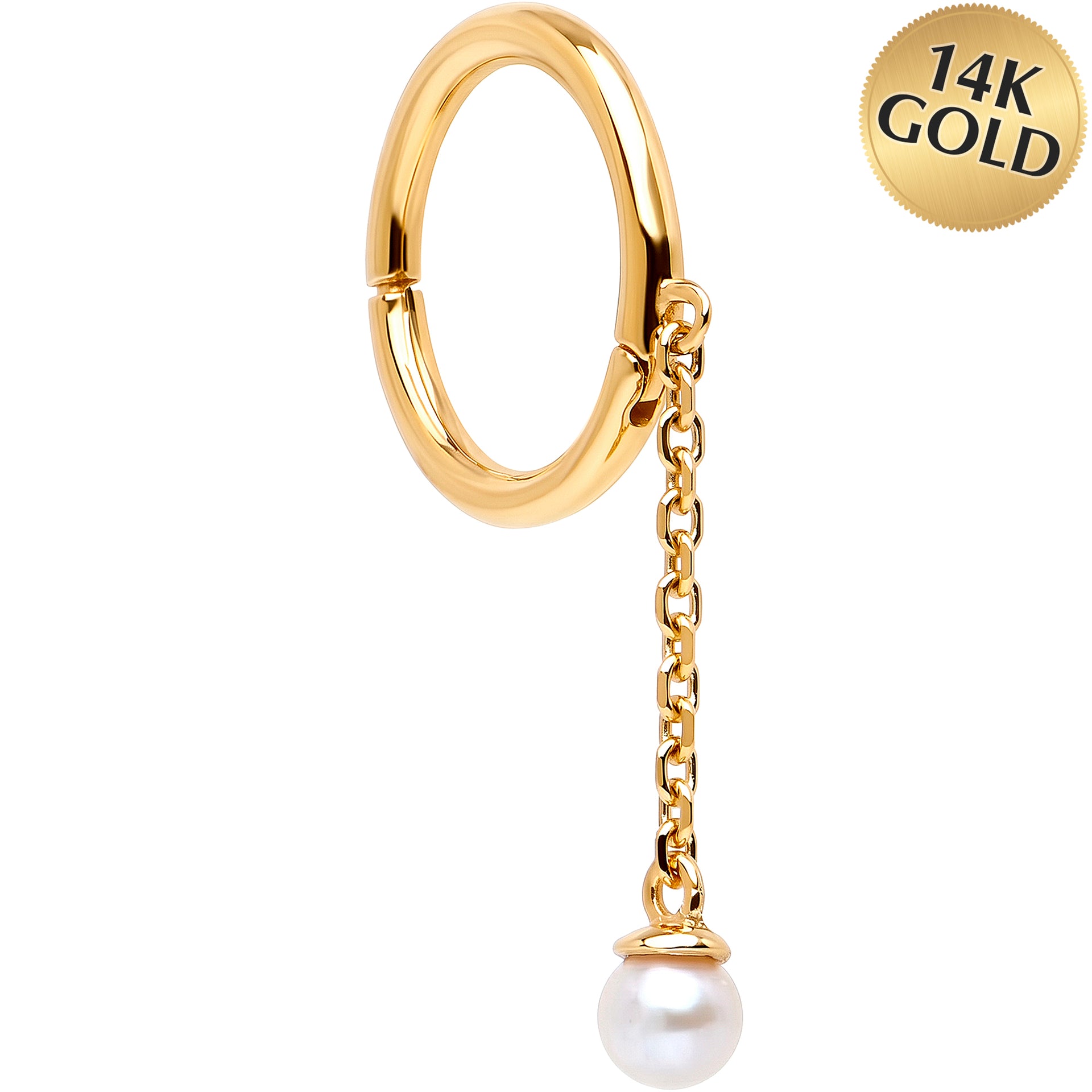 16G Freshwater Pearl Dangle Seamless Ring Cartilage Clicker Hoop- 14k Solid Gold