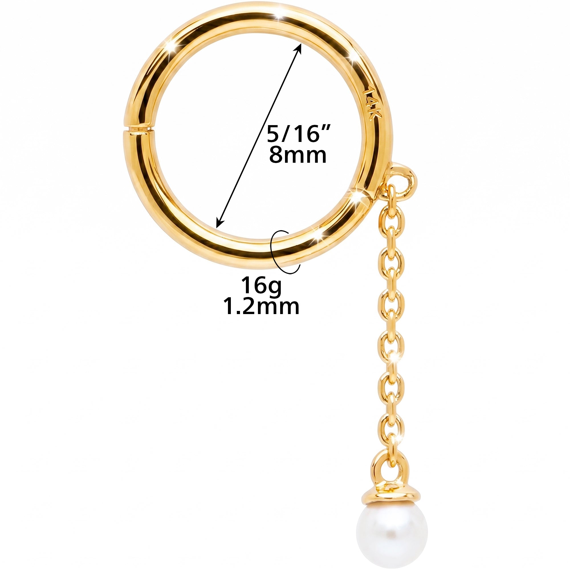 16G Freshwater Pearl Dangle Seamless Ring Cartilage Clicker Hoop- 14k Solid Gold