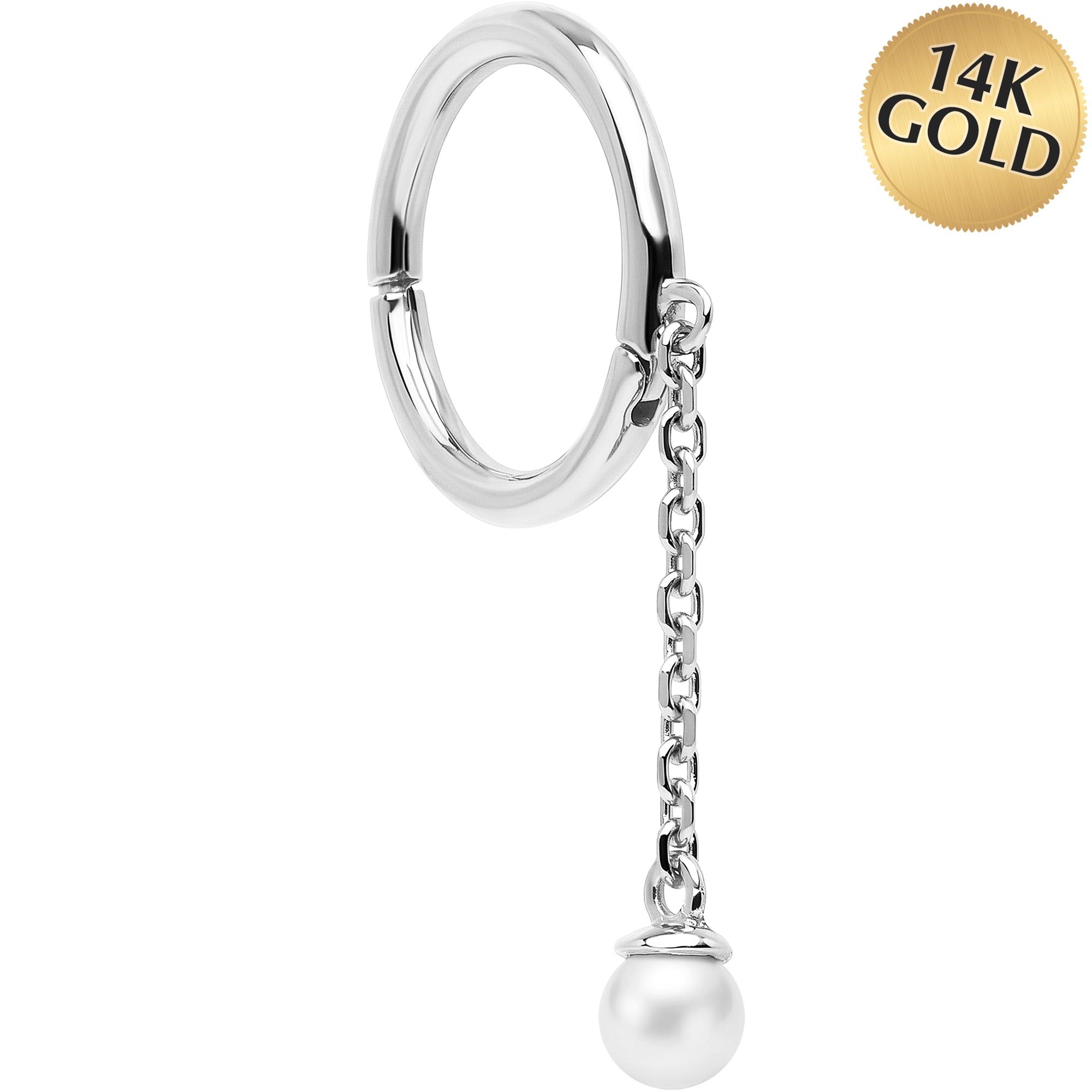 16G Freshwater Pearl Dangle Seamless Ring Cartilage Clicker Hoop- 14k Solid Gold
