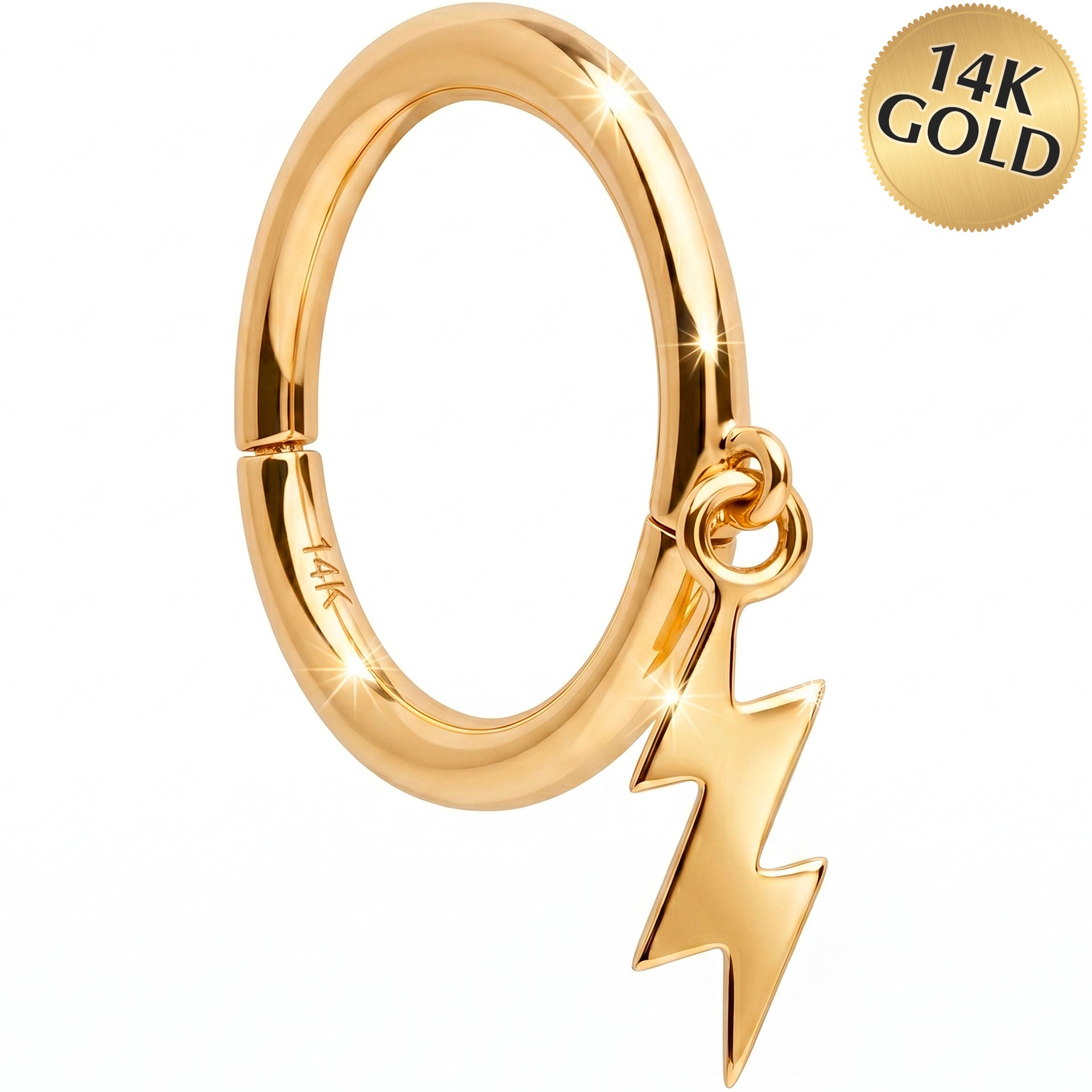 16G Lightning Bolt Dangle Seamless Ring Cartilage Clicker Hoop- 14k Solid Gold