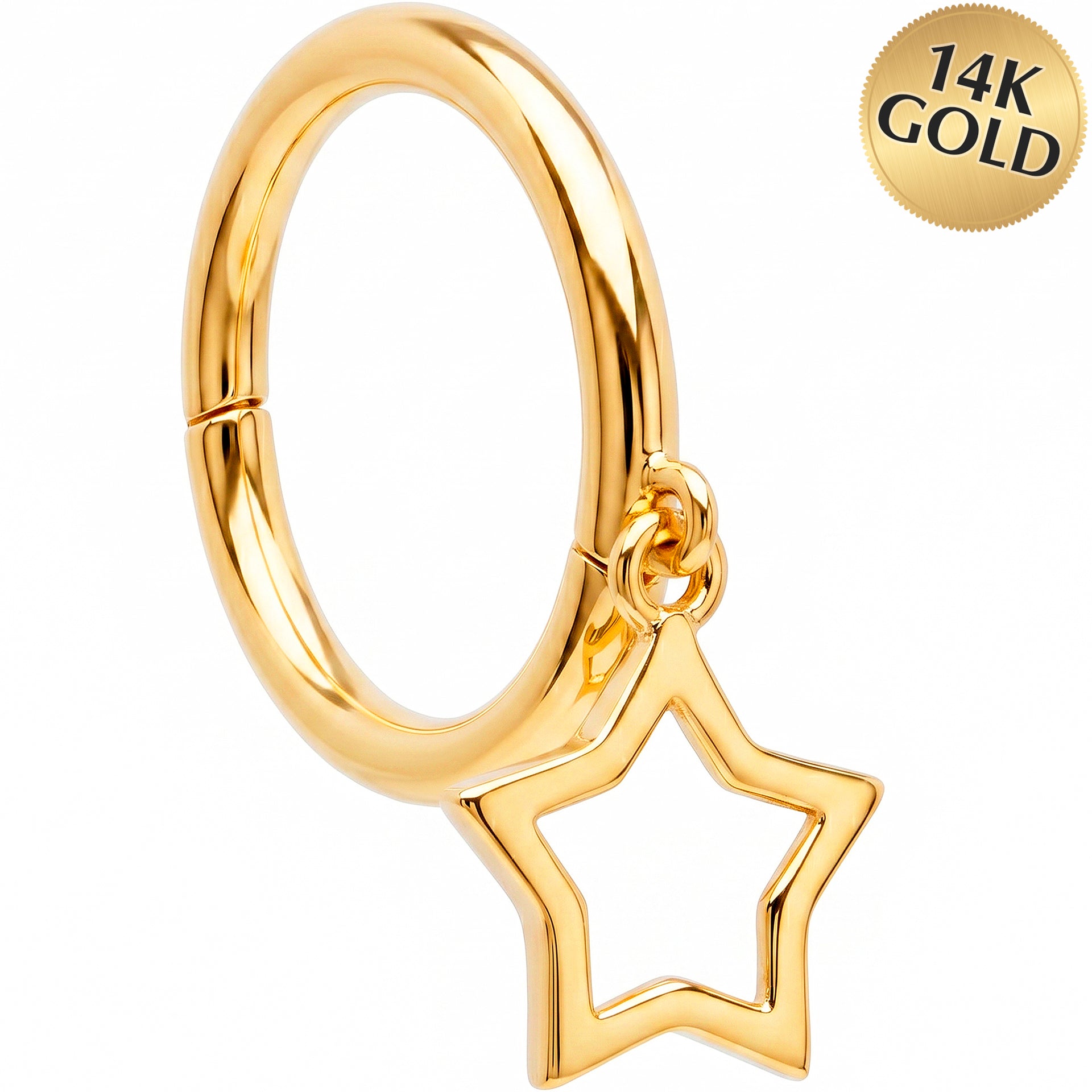 16G Hollow Star Dangle Seamless Ring Cartilage Clicker Hoop- 14k Solid Gold