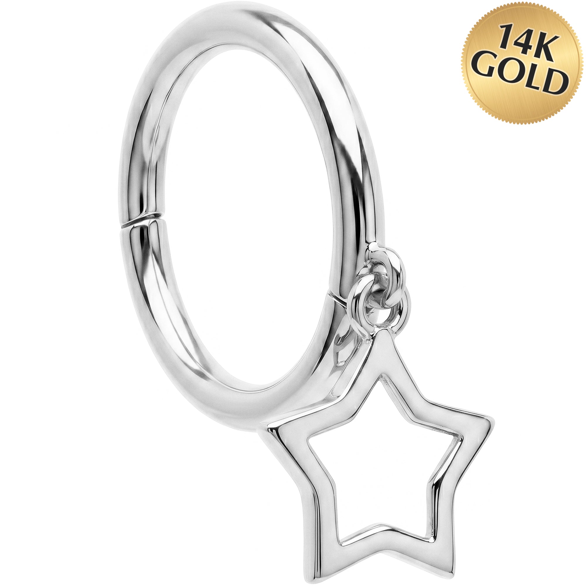 16G Hollow Star Dangle Seamless Ring Cartilage Clicker Hoop- 14k Solid Gold