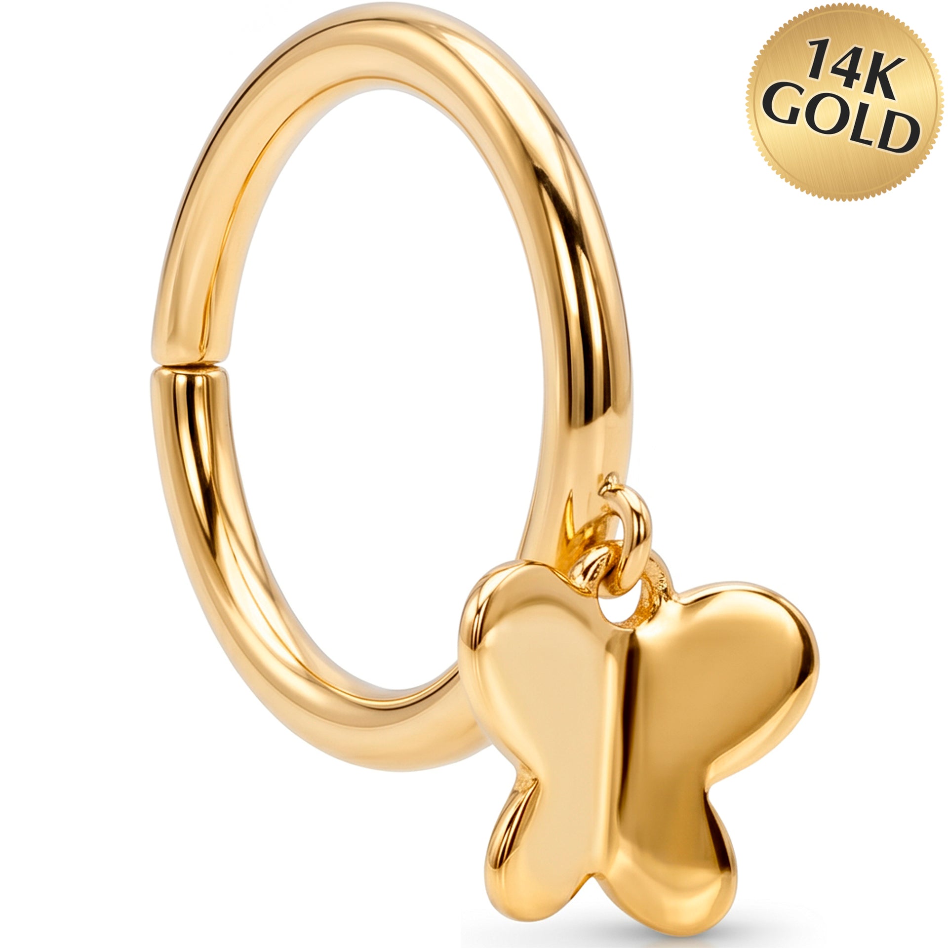 16G Simple Butterfly Dangle Seamless Ring Cartilage Clicker Hoop- 14k Solid Gold