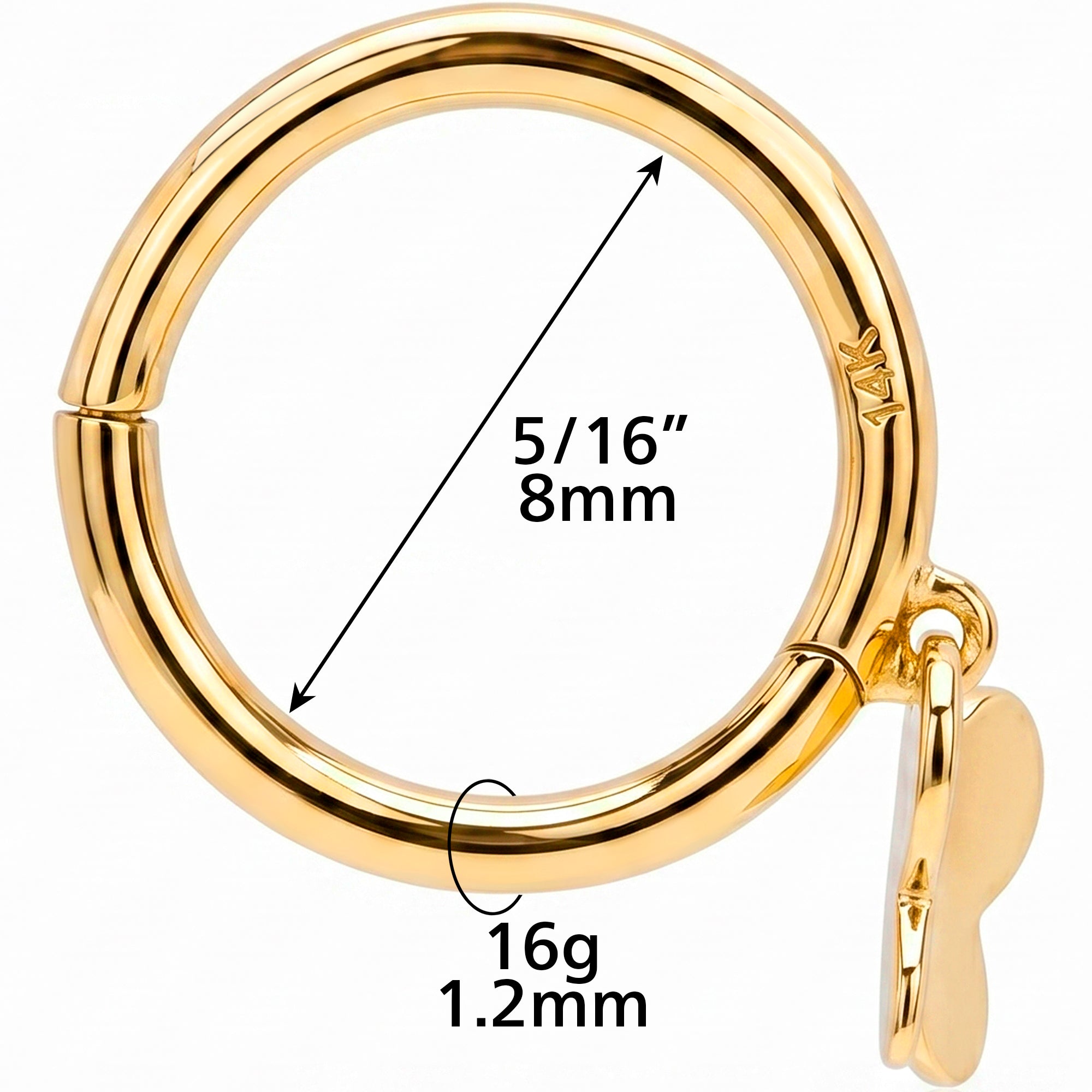 16G Simple Butterfly Dangle Seamless Ring Cartilage Clicker Hoop- 14k Solid Gold