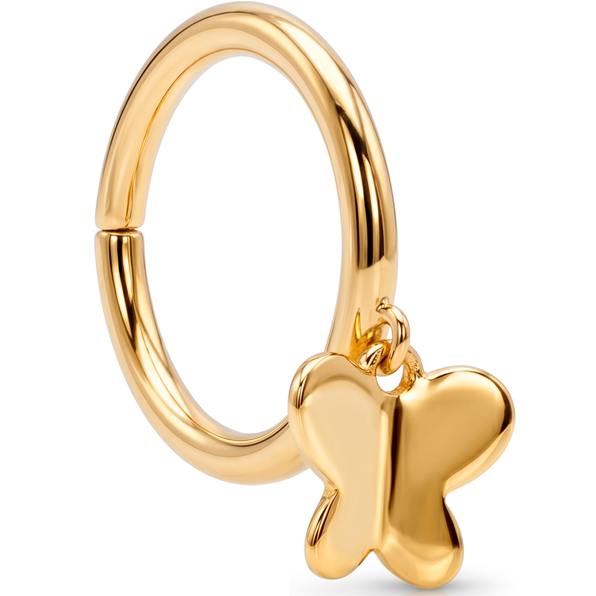16G Simple Butterfly Dangle Seamless Ring Cartilage Clicker Hoop- 14k Solid Gold