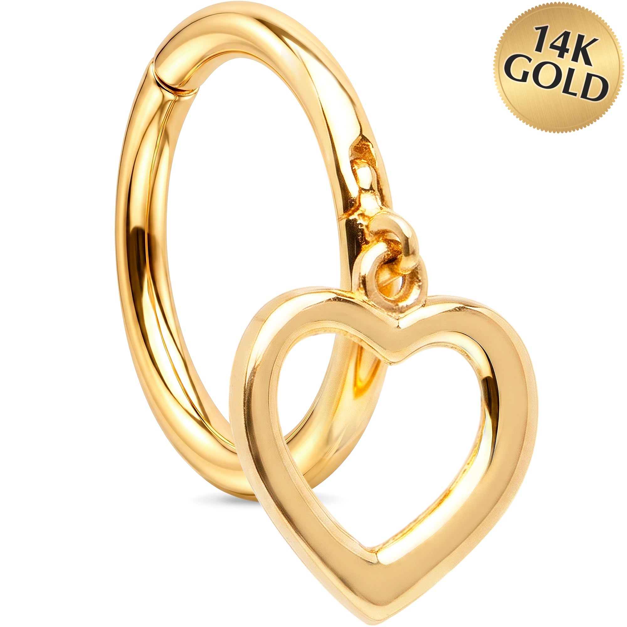 16G Hollow Heart Dangle Seamless Ring Cartilage Clicker Hoop- 14k Solid Gold